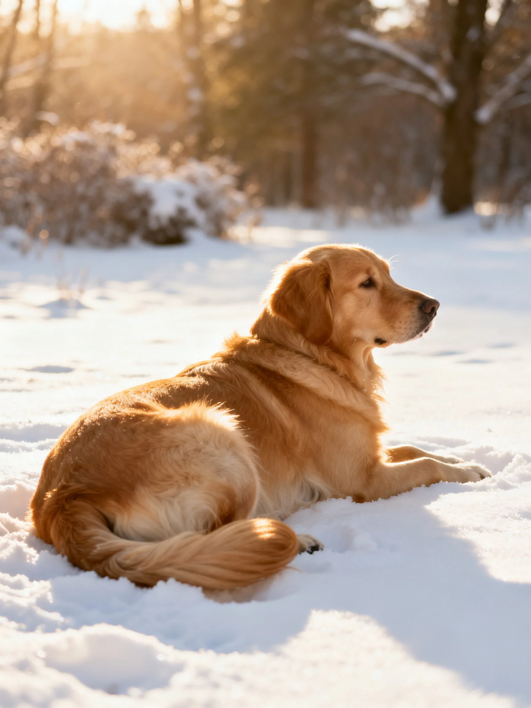 A golden retriever rests calmly on snow in a sunlit winter scene.