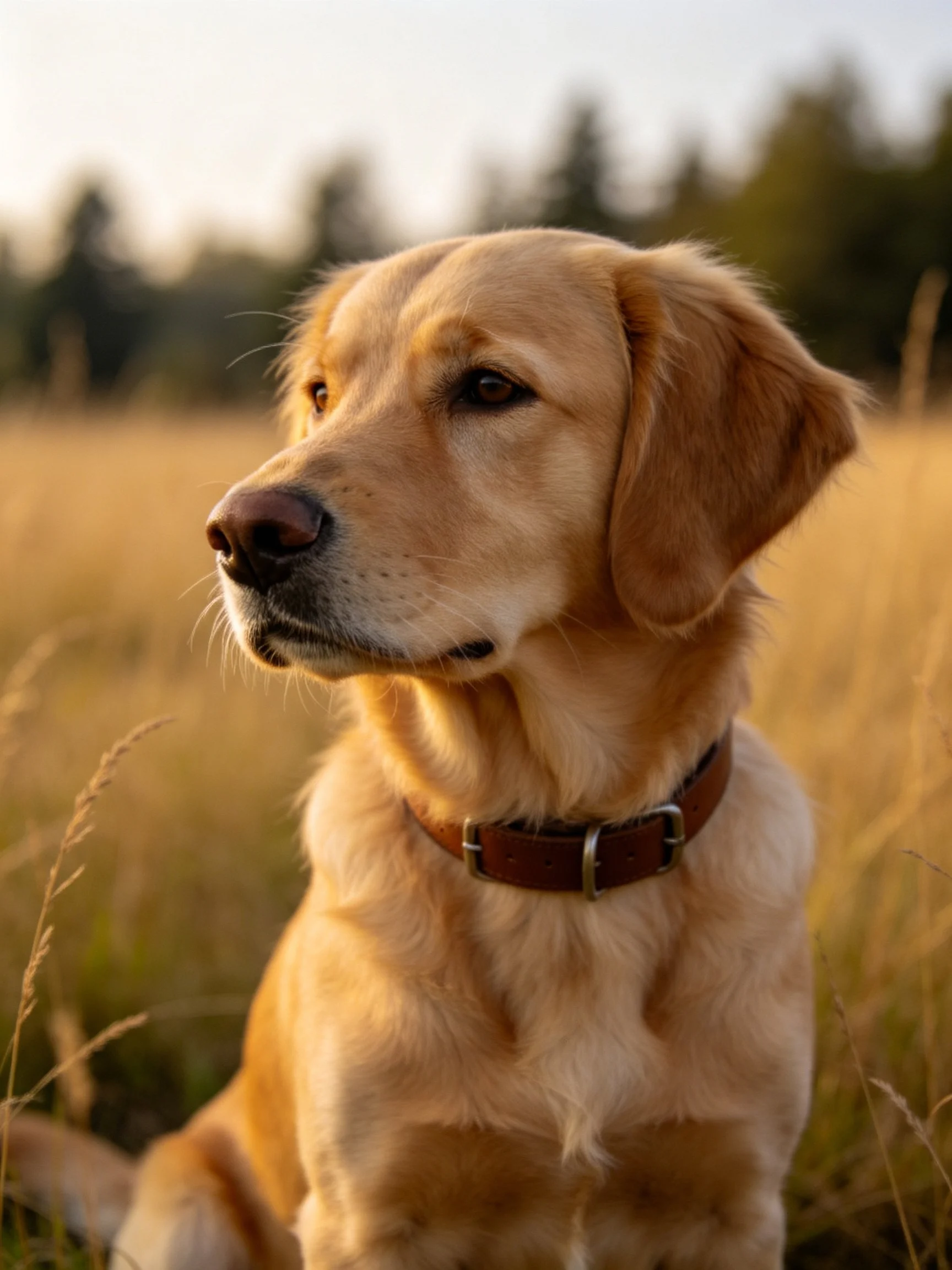 Golden retriever resting in sun-drenched tall grass with distant trees