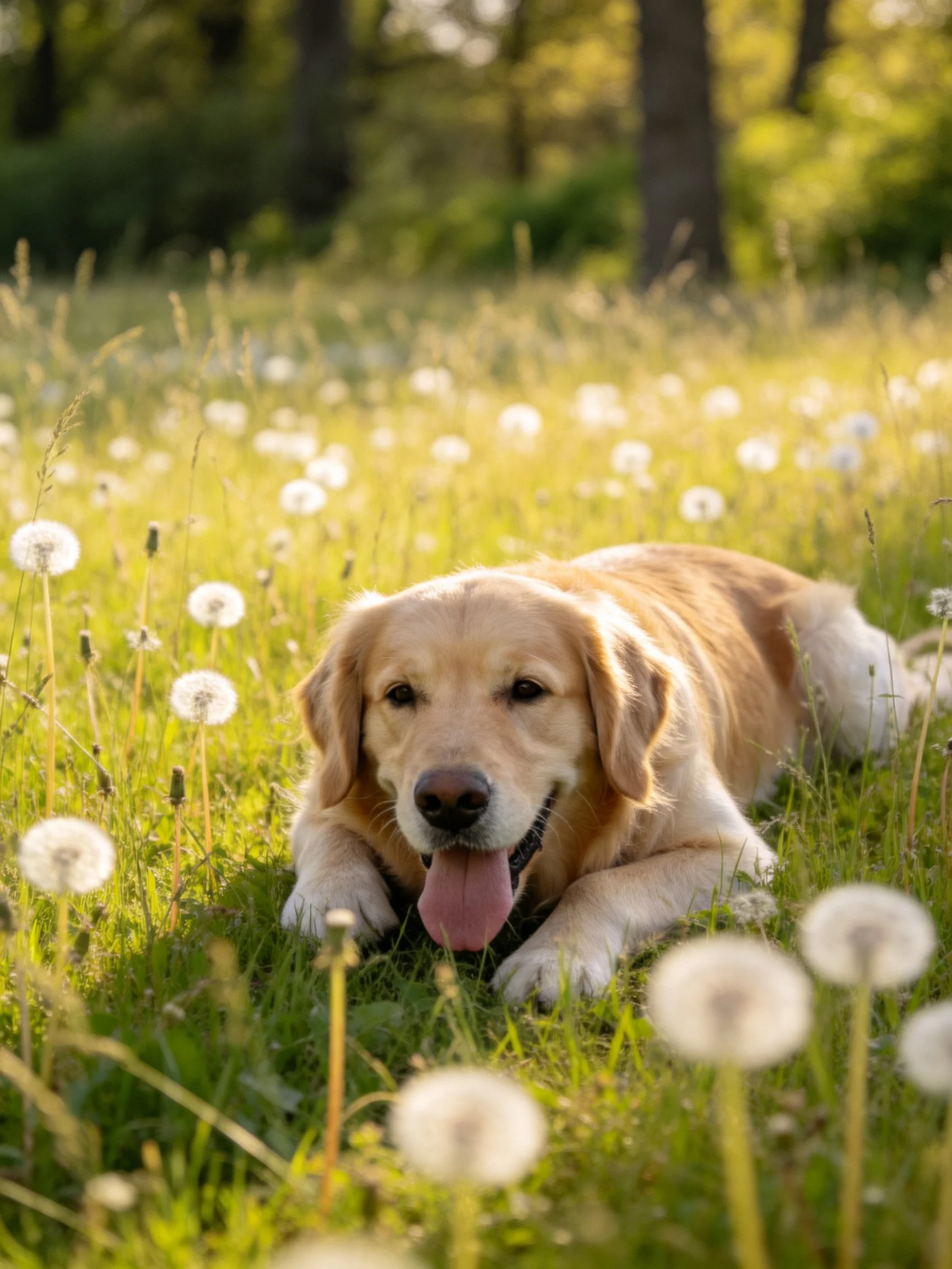 A golden retriever relaxes peacefully in a sunlit meadow dotted with dandelions.
