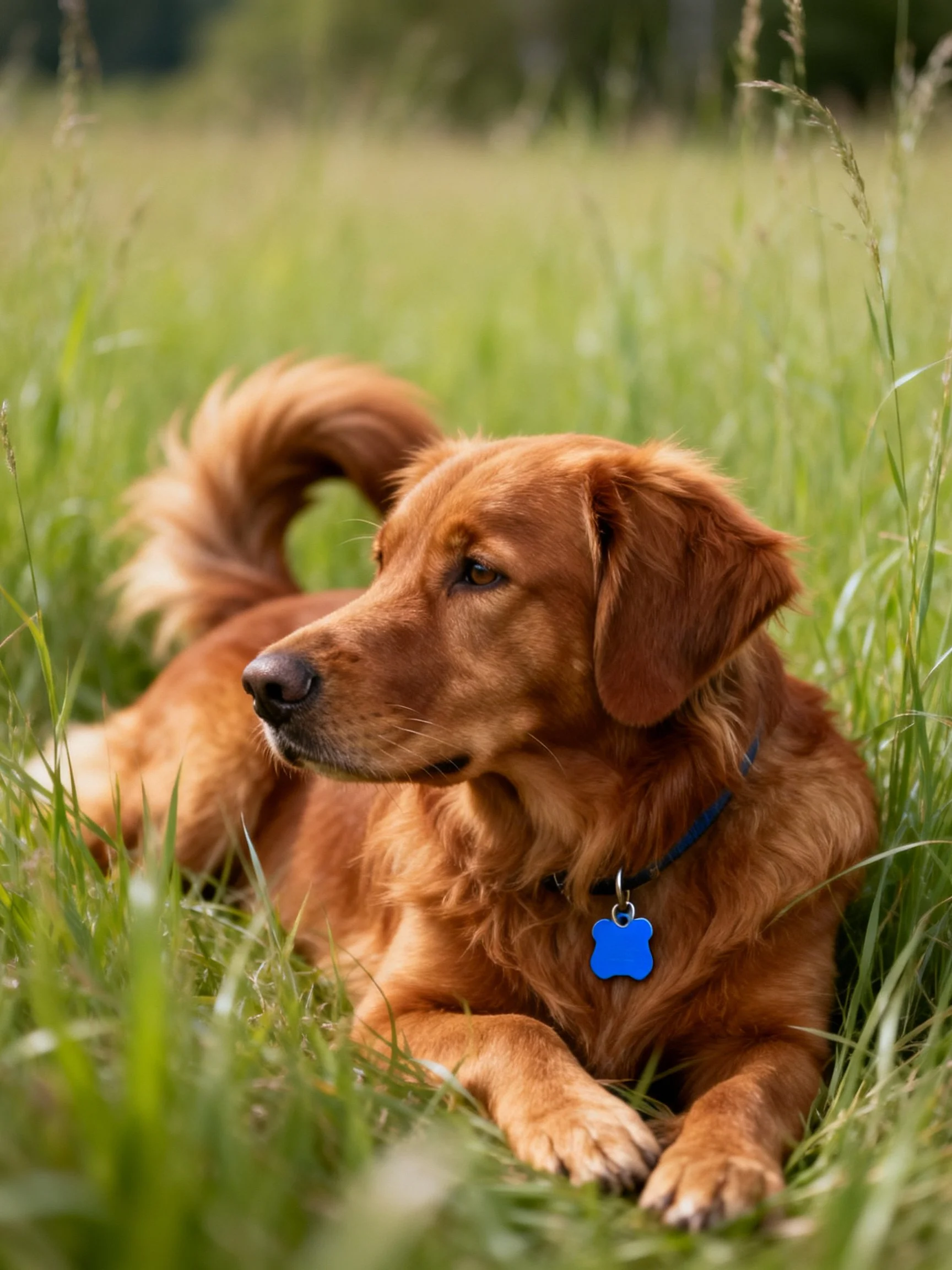 A golden retriever relaxes amid tall green grass in a sunlit outdoor space.