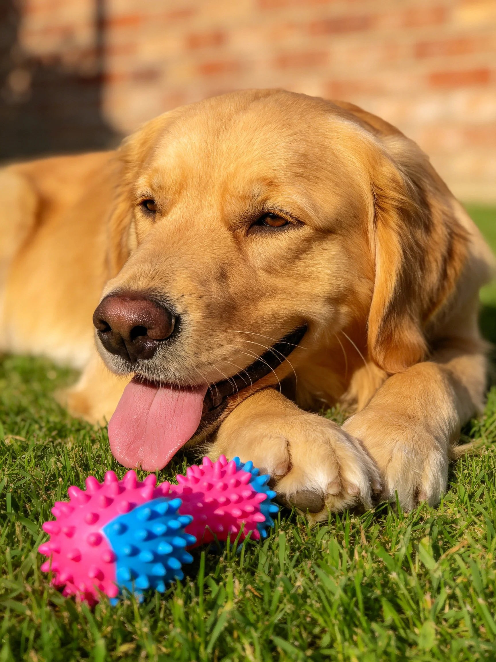A golden retriever relaxes beside colorful spiky toys on grass.