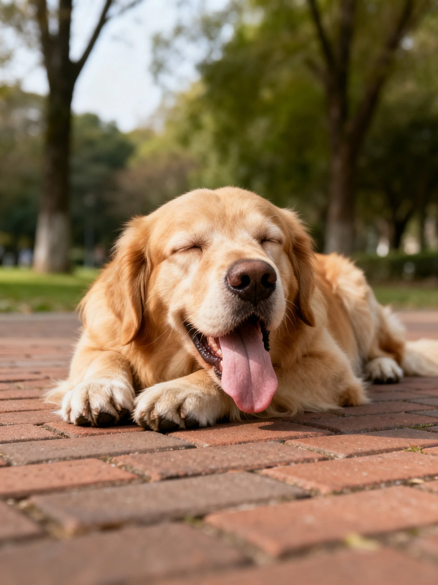 A golden retriever relaxes with eyes closed on a brick path in a sunny park.
