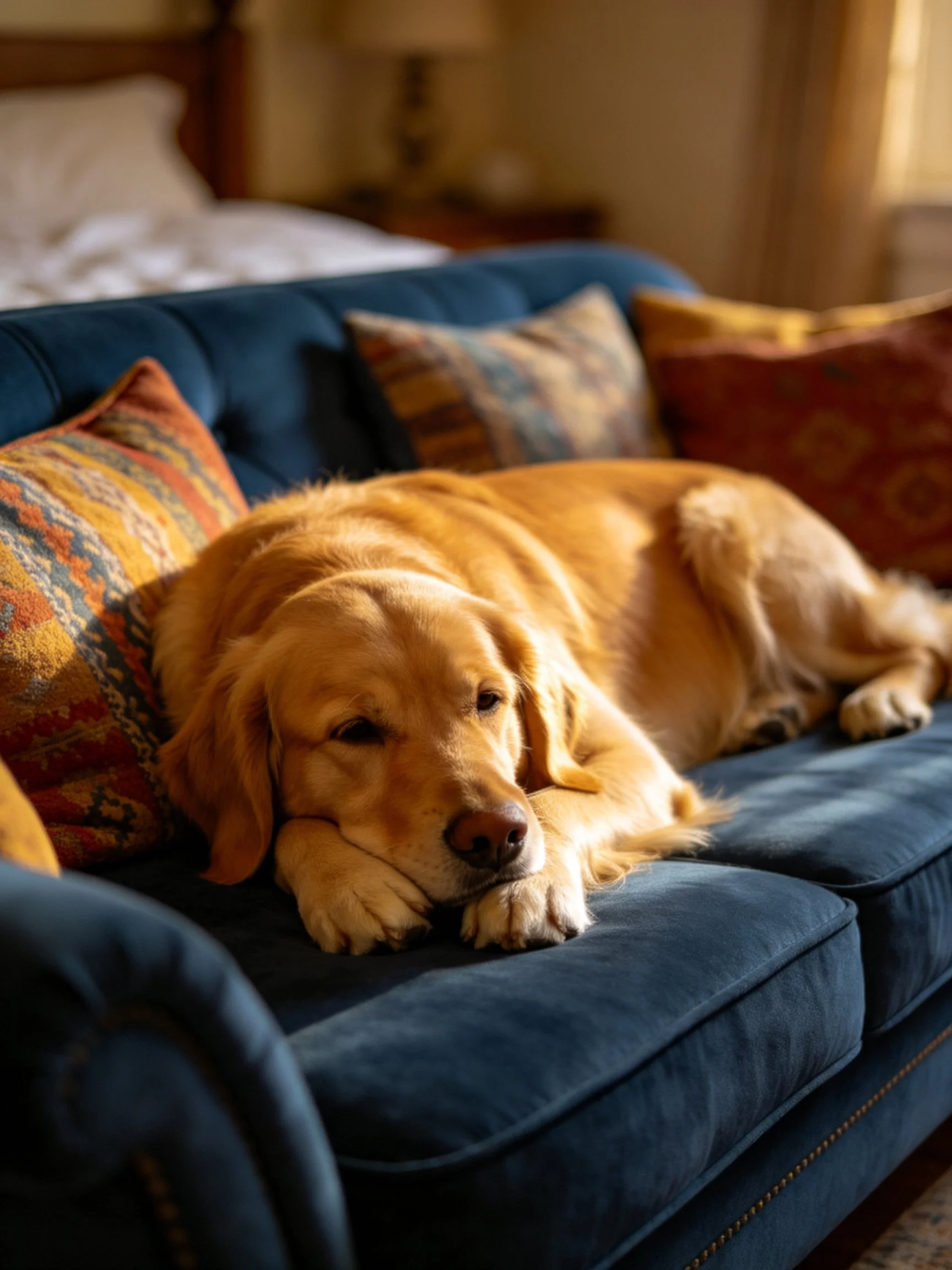 A golden retriever relaxes on a dark blue sofa surrounded by decorative cushions.