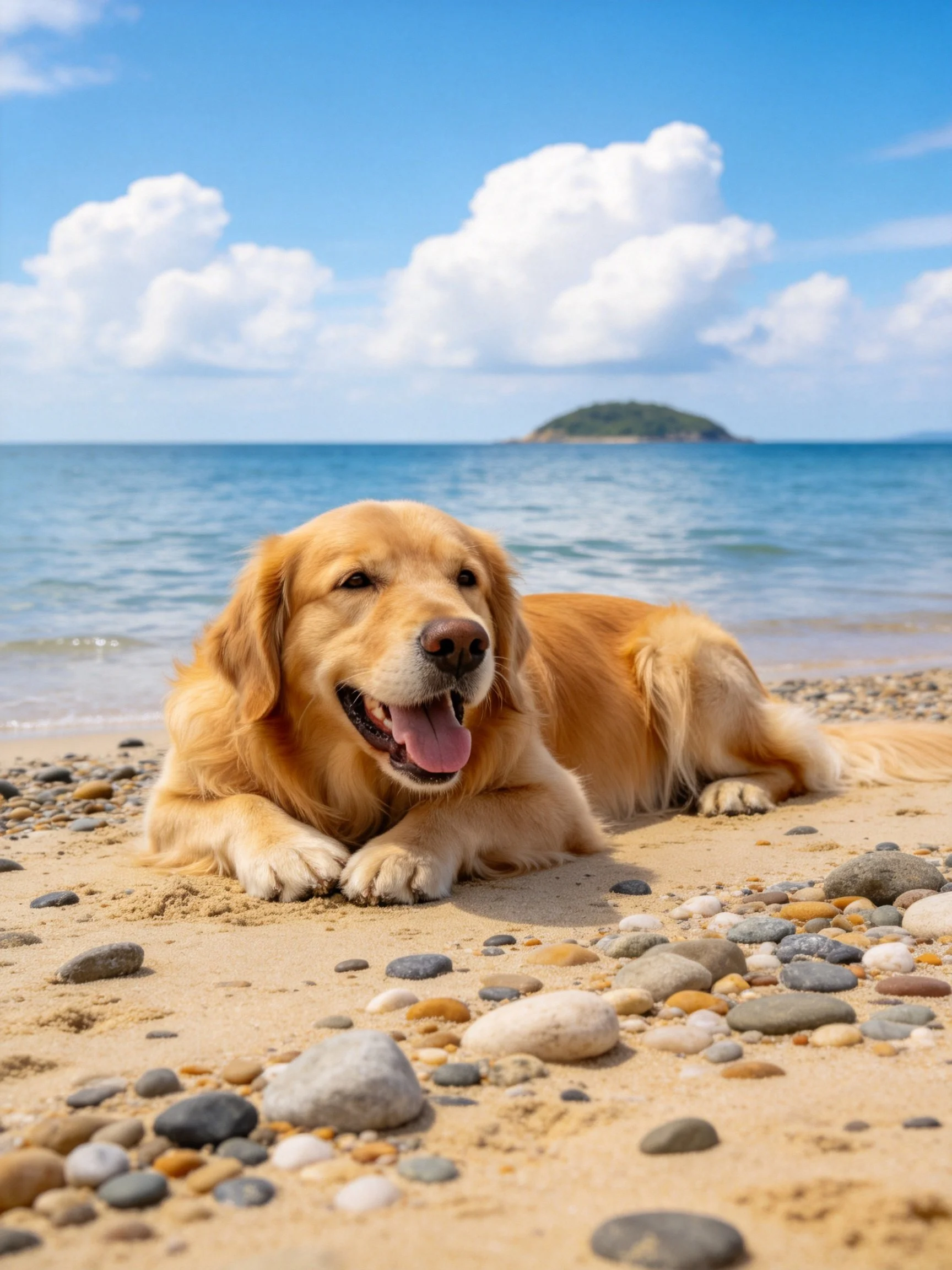 Golden retriever resting on a pebbly sandy beach by calm blue waters