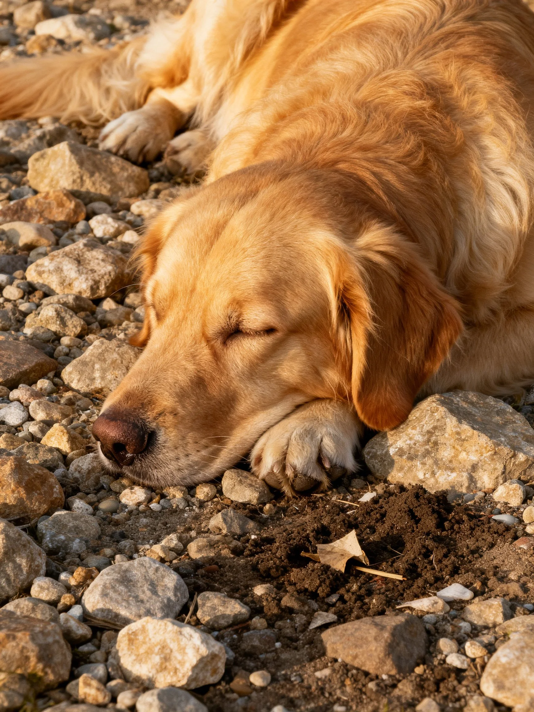 A golden retriever sleeps peacefully on a rocky, pebble-filled ground.