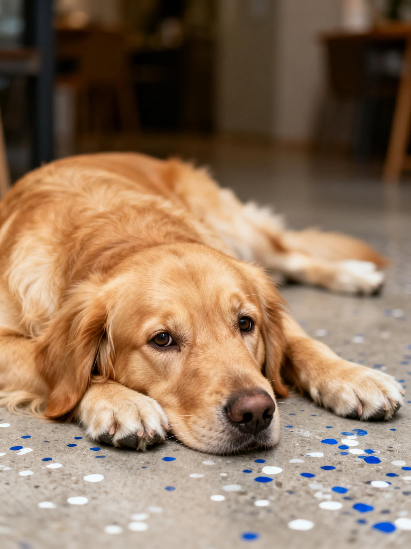 Golden retriever resting on a speckled indoor floor