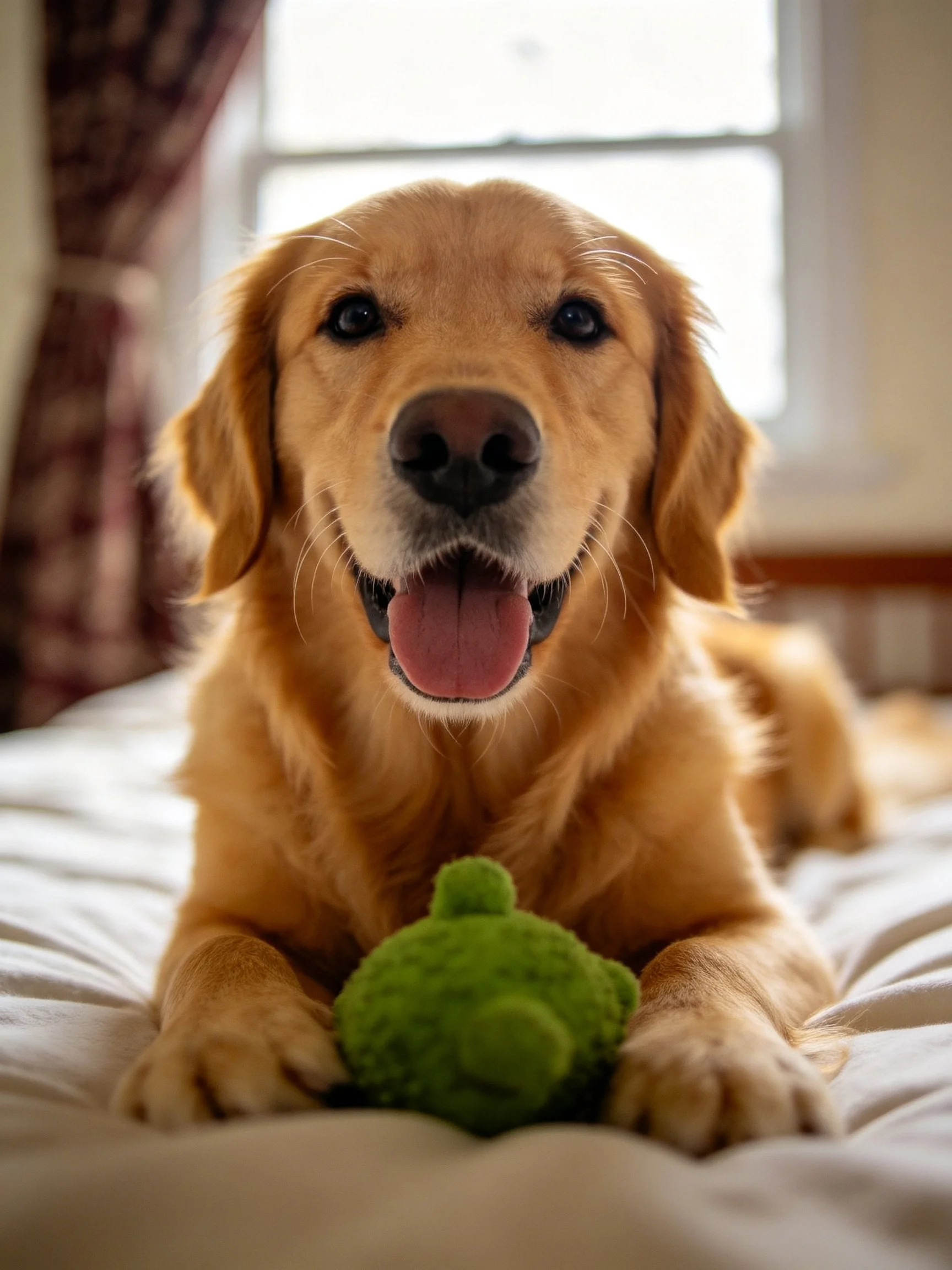 Golden retriever resting on bed with green plush toy