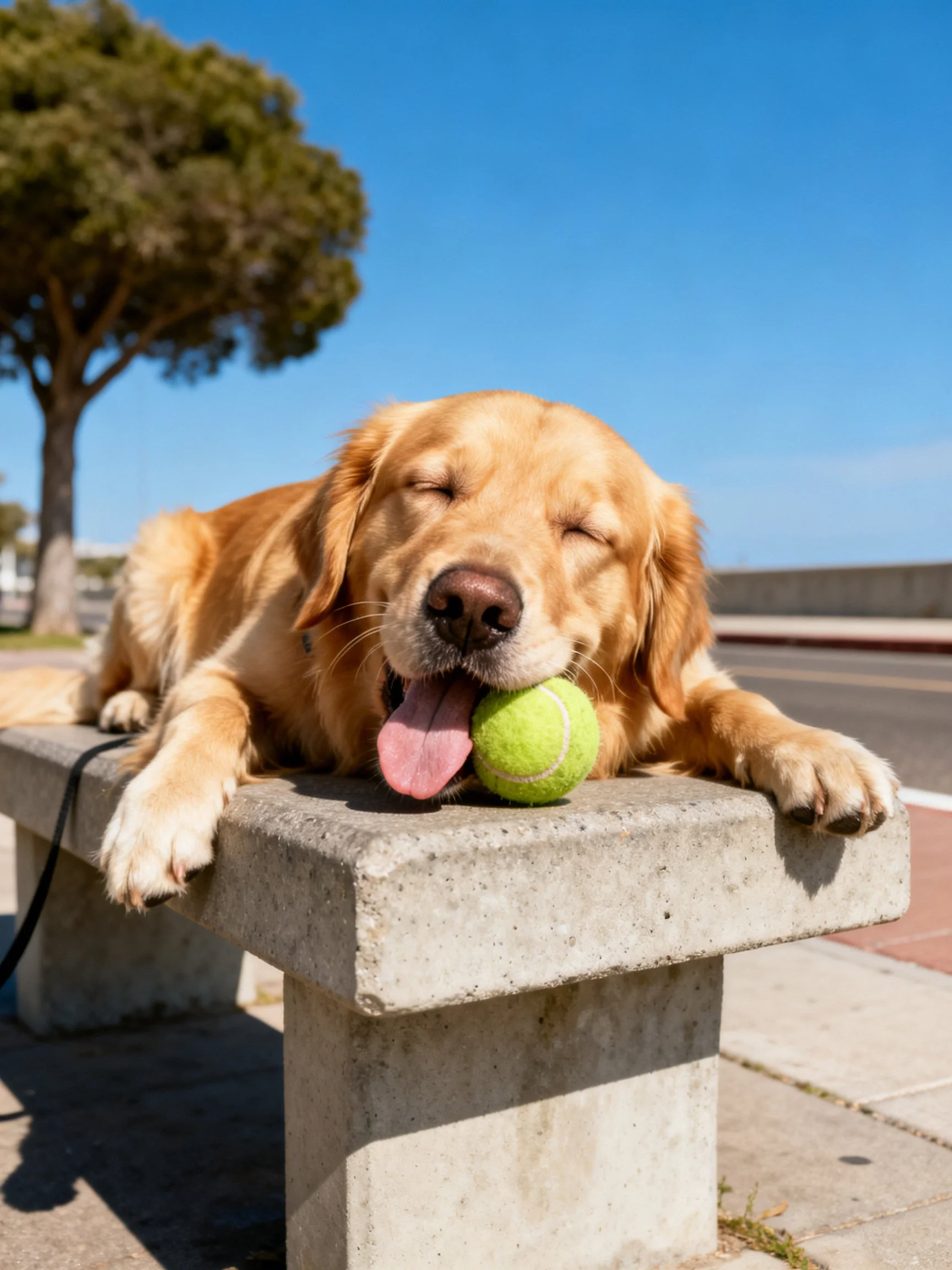Golden retriever resting on concrete bench with bright green tennis ball