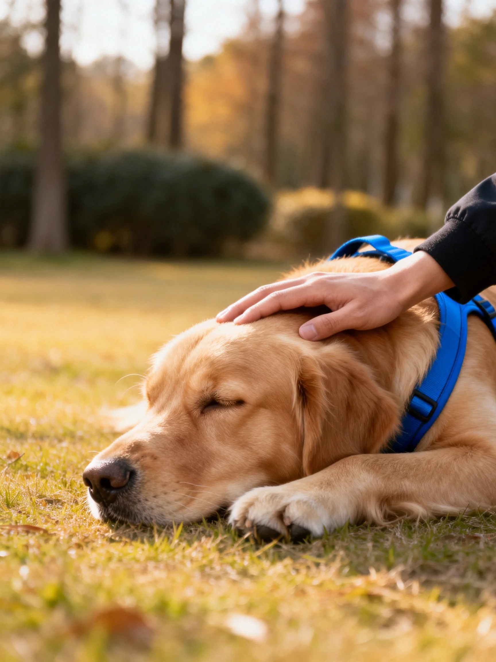 Golden retriever rests on grass as a hand pets it in a sunny park