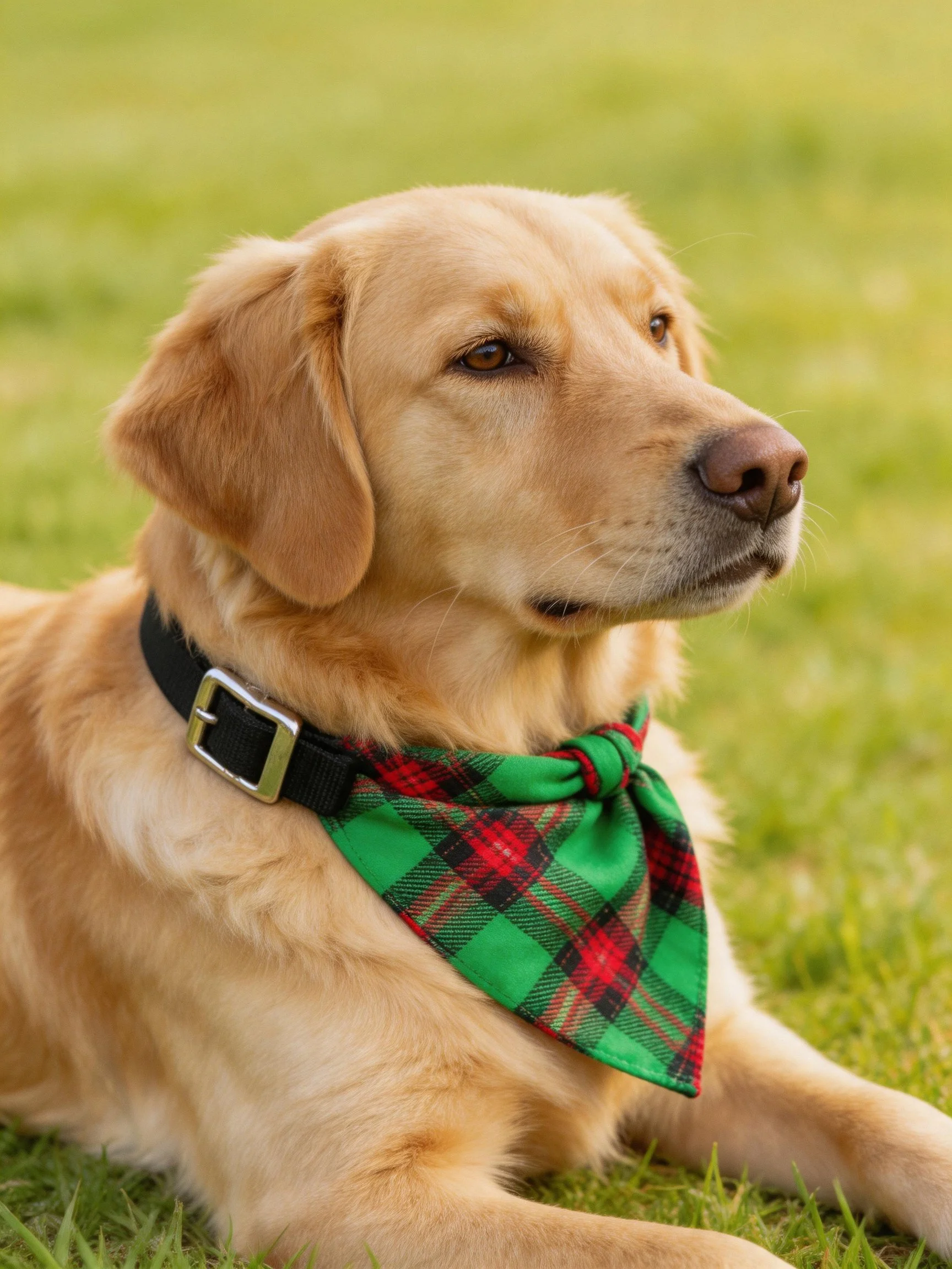Golden retriever rests on grass wearing a green plaid bandana.