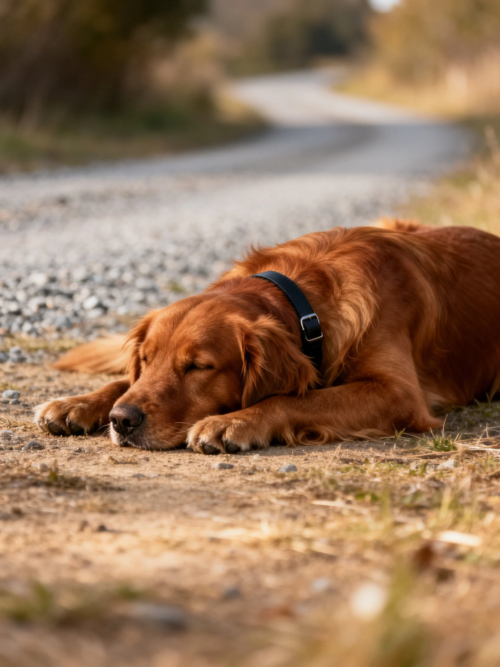 Golden retriever resting on gravel and dirt roadside