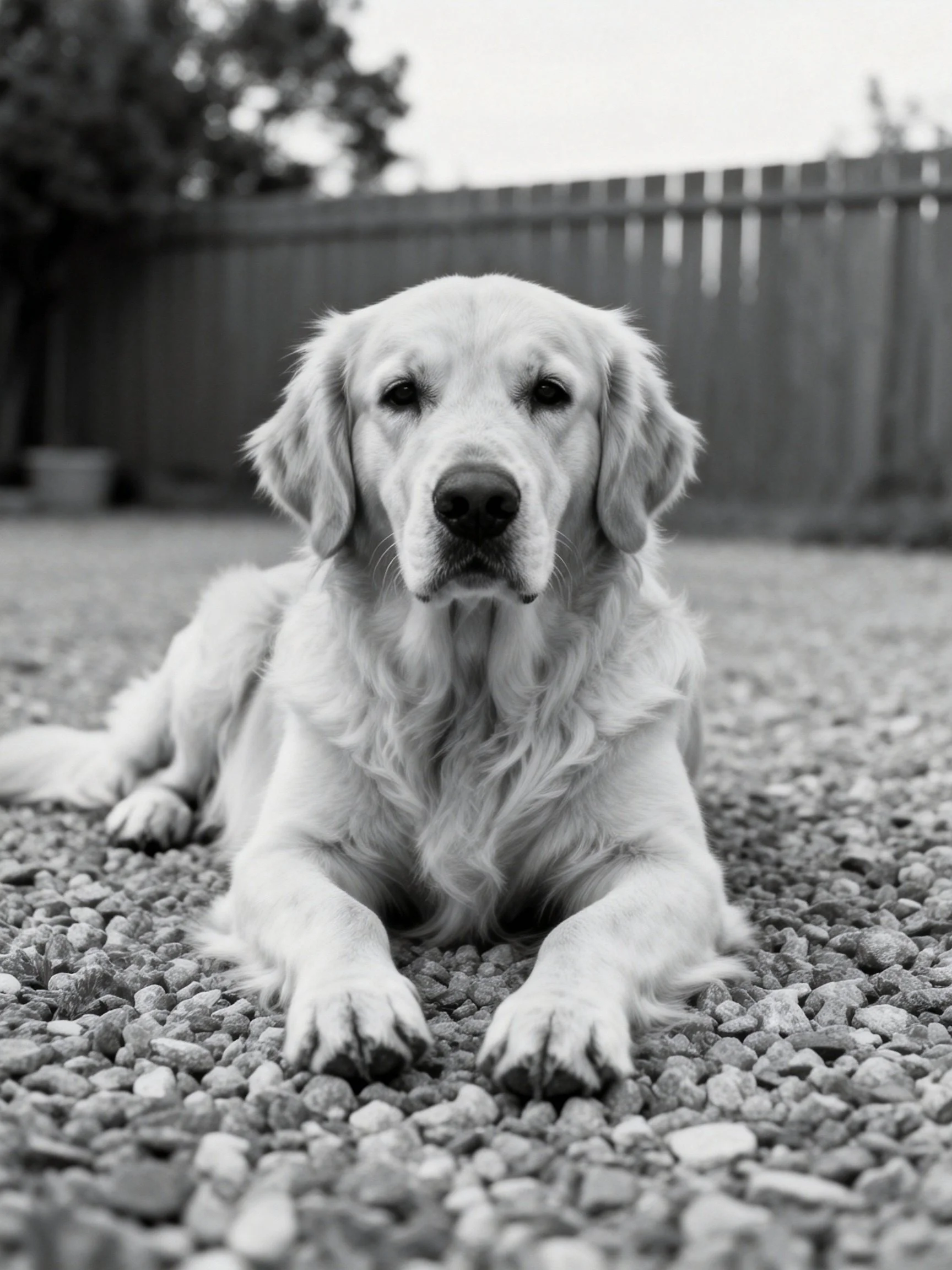 Golden retriever resting on gravel near wooden fence