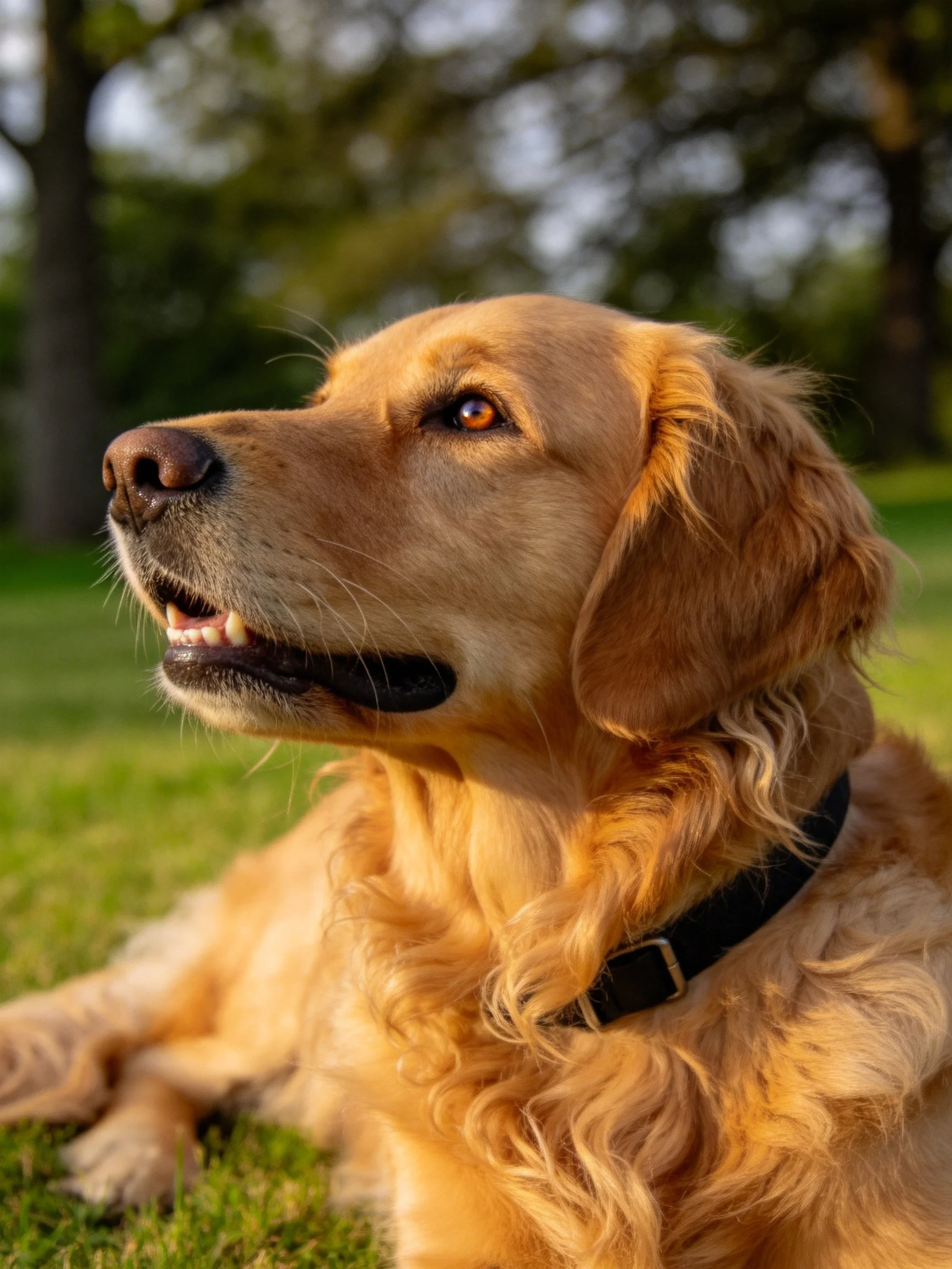 A golden retriever relaxes on grass in a sunlit outdoor setting.