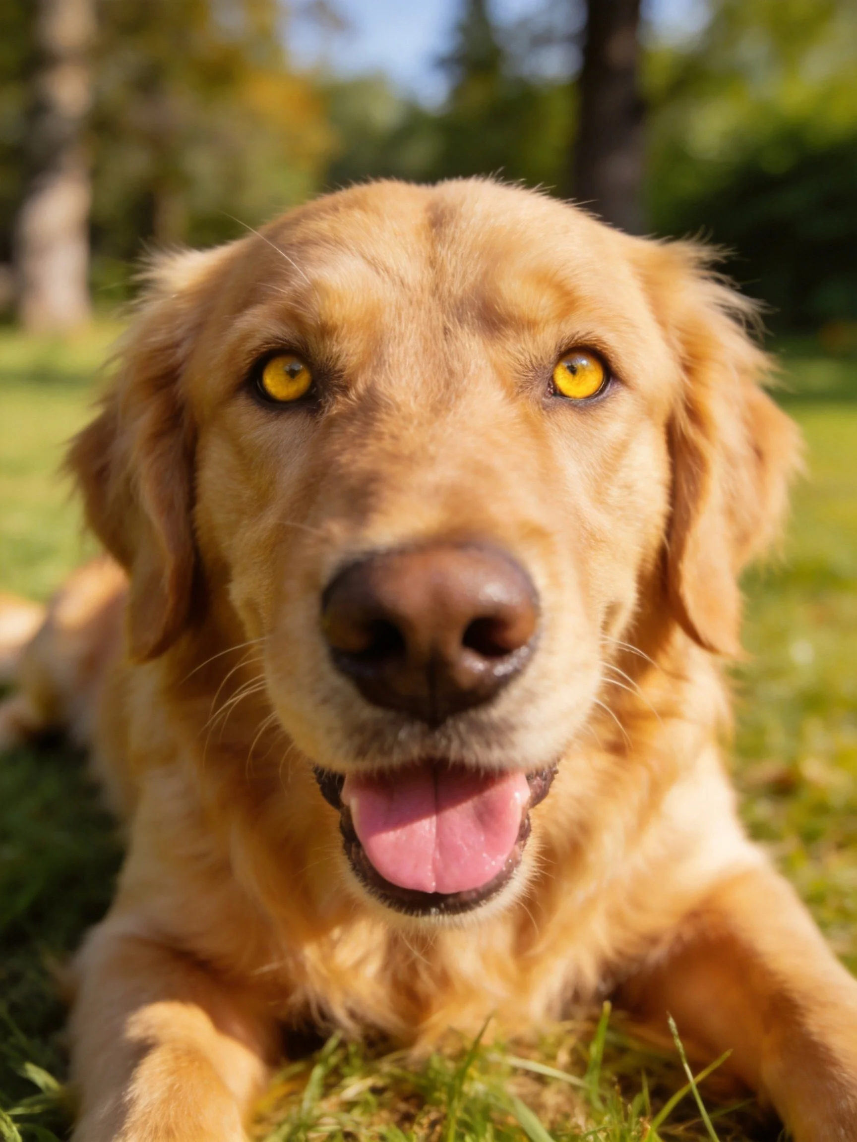 A golden retriever relaxes on grass in a sunlit natural environment.