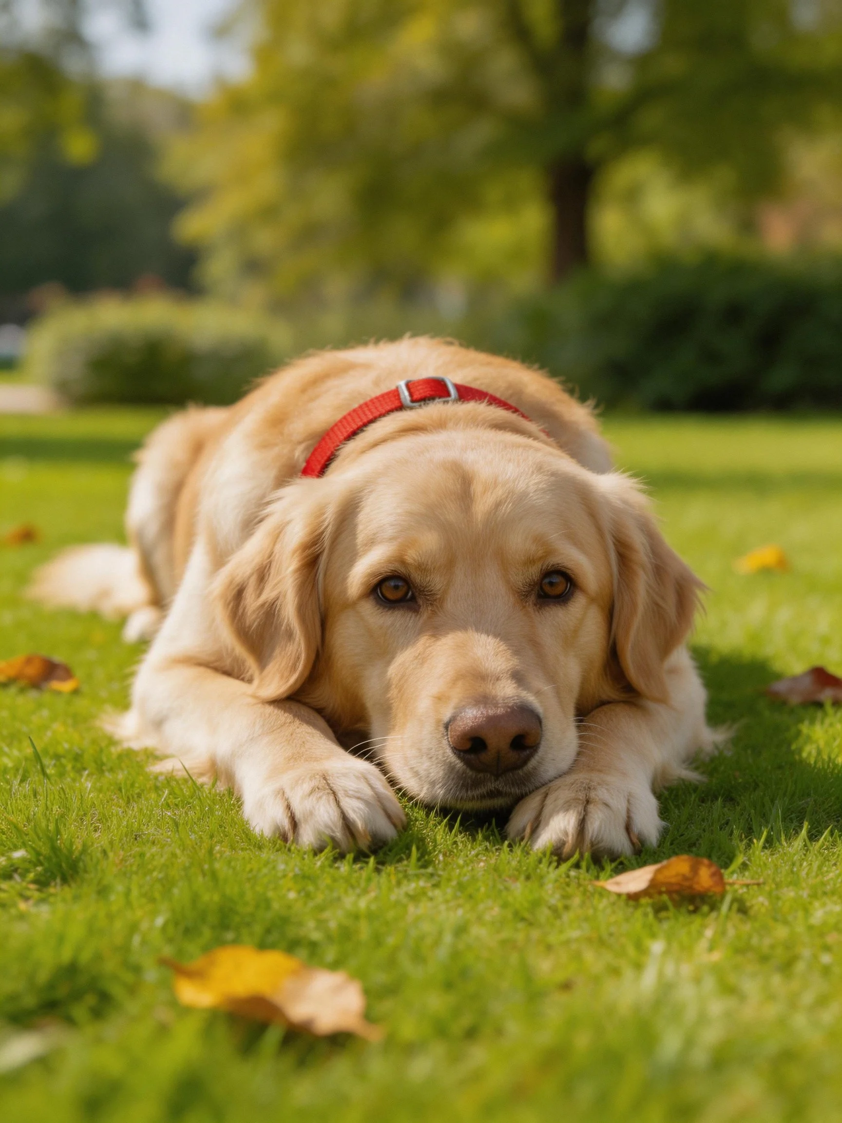 A golden retriever lies calmly on green grass surrounded by fallen autumn leaves.