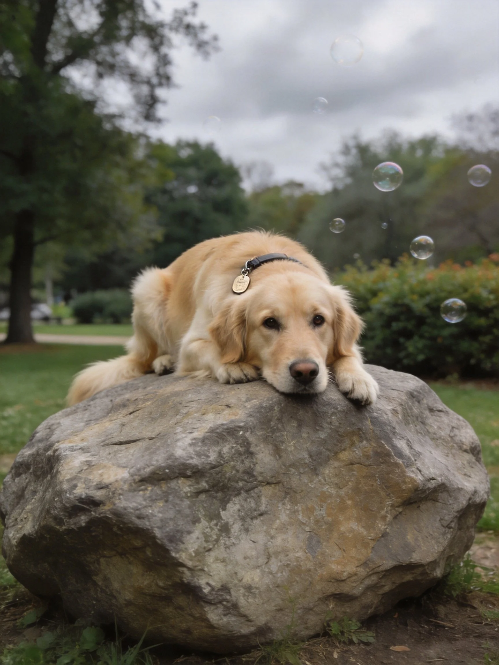 Golden retriever rests on large rock with bubbles in park setting