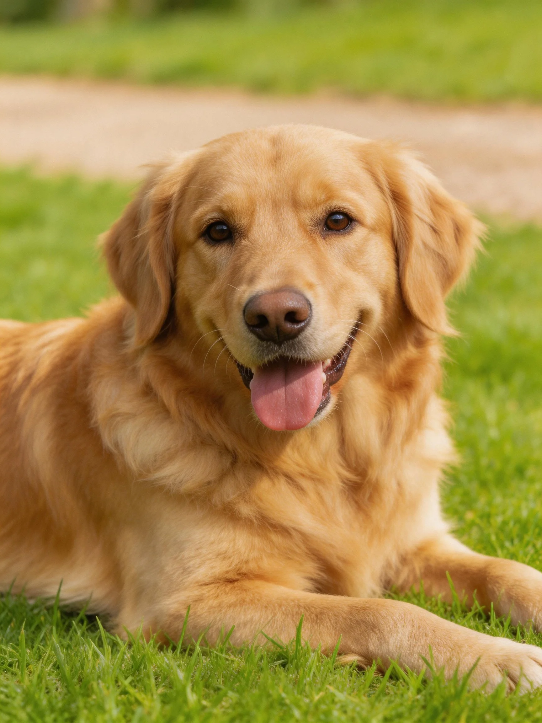 Golden retriever relaxes contentedly on green grass outdoors.