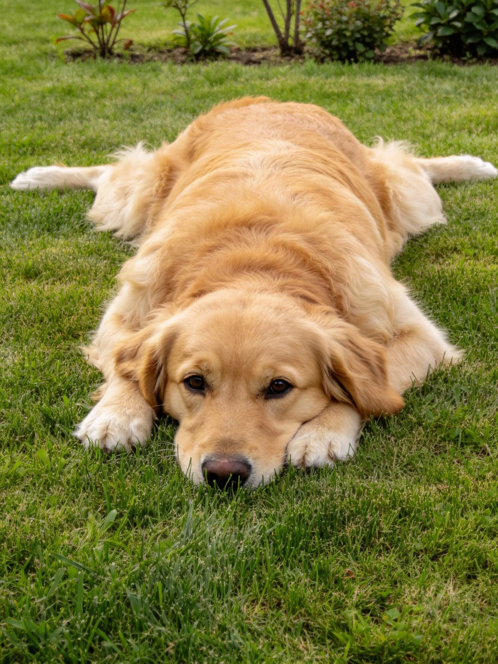 A golden retriever lies calmly on a verdant lawn in an outdoor garden.