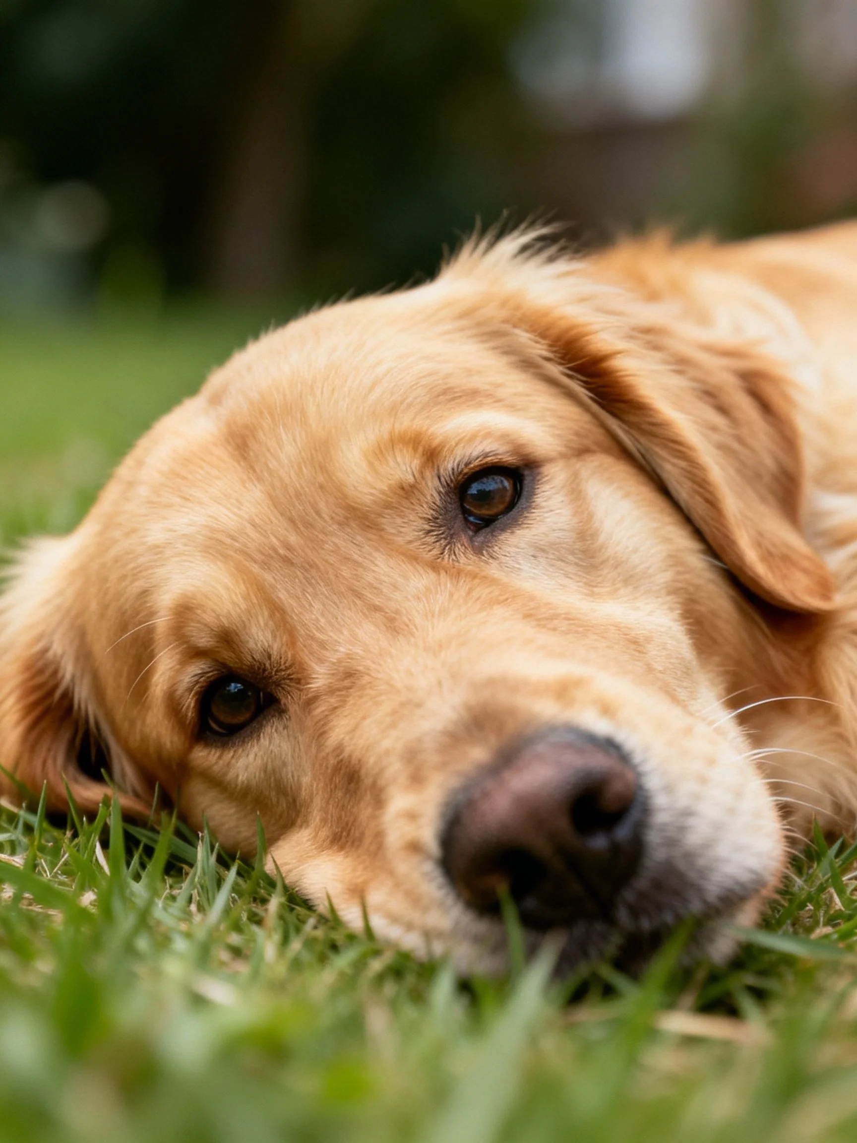 A golden retriever lies peacefully on green grass in an outdoor setting.