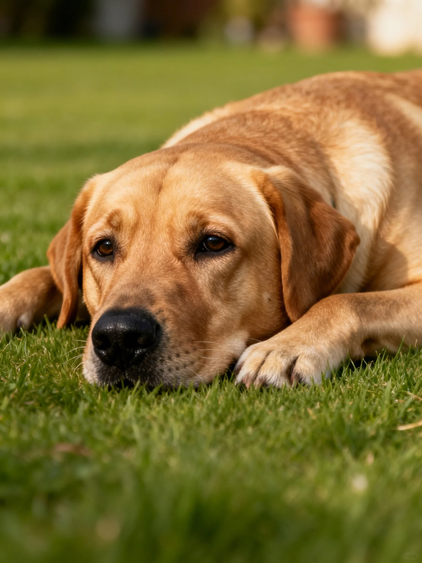 A golden retriever lies calmly on green grass in an outdoor setting.