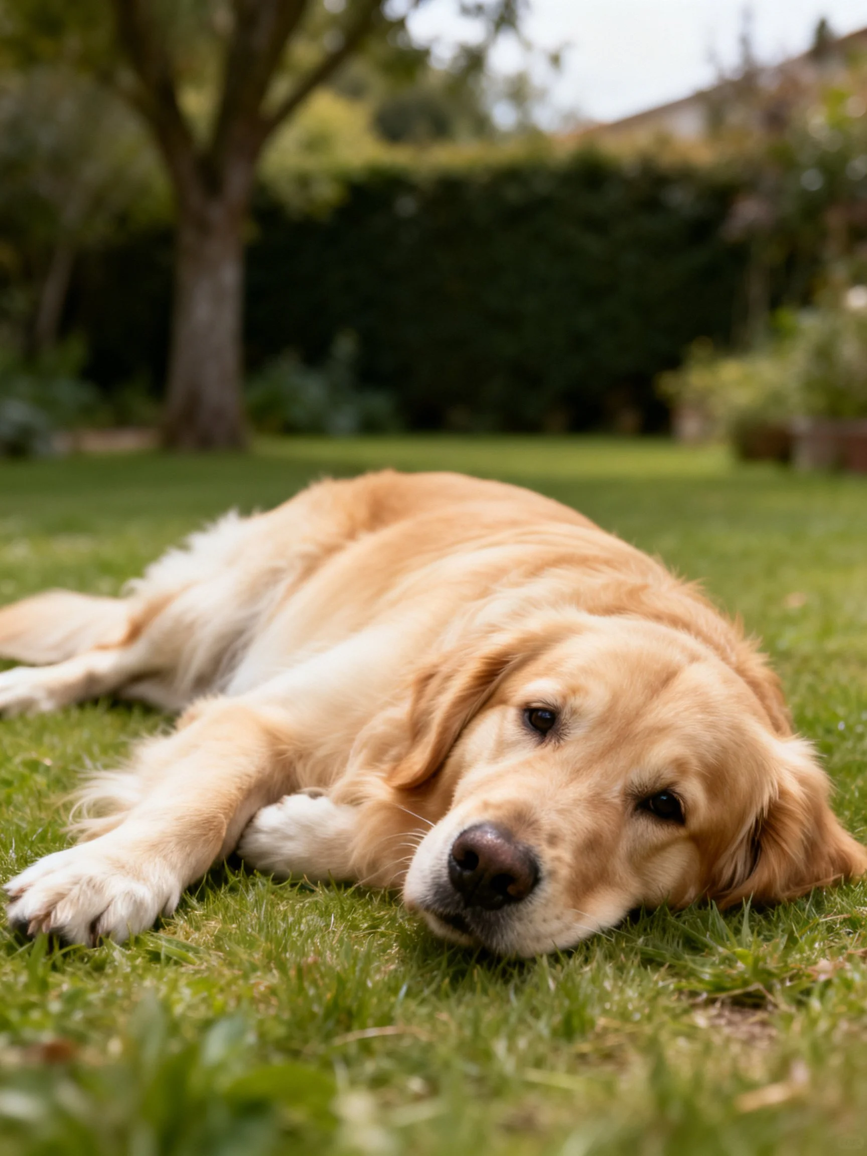 A golden retriever relaxes on green grass in a serene garden setting.