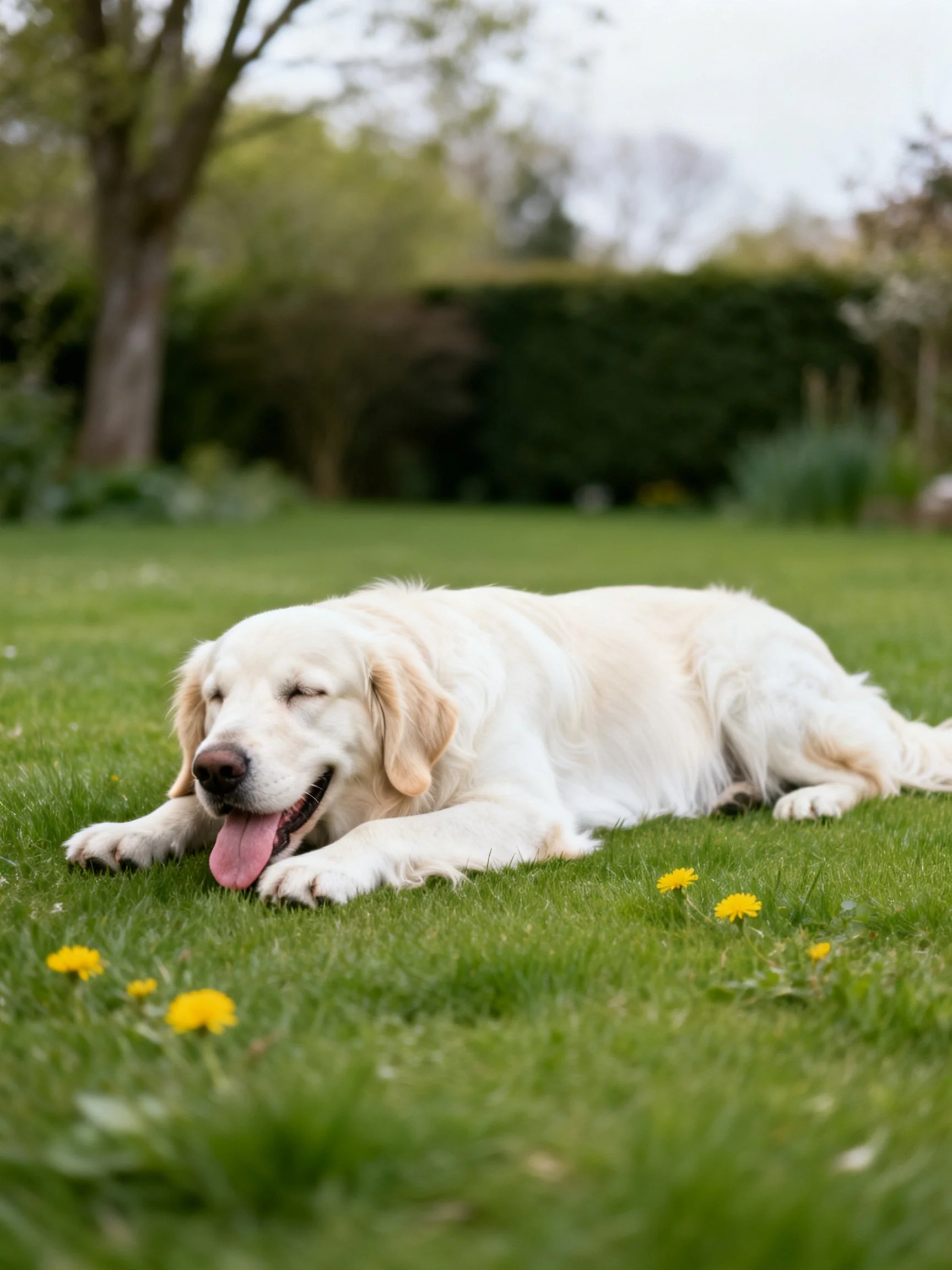 A golden retriever relaxes on a grassy lawn dotted with yellow flowers.