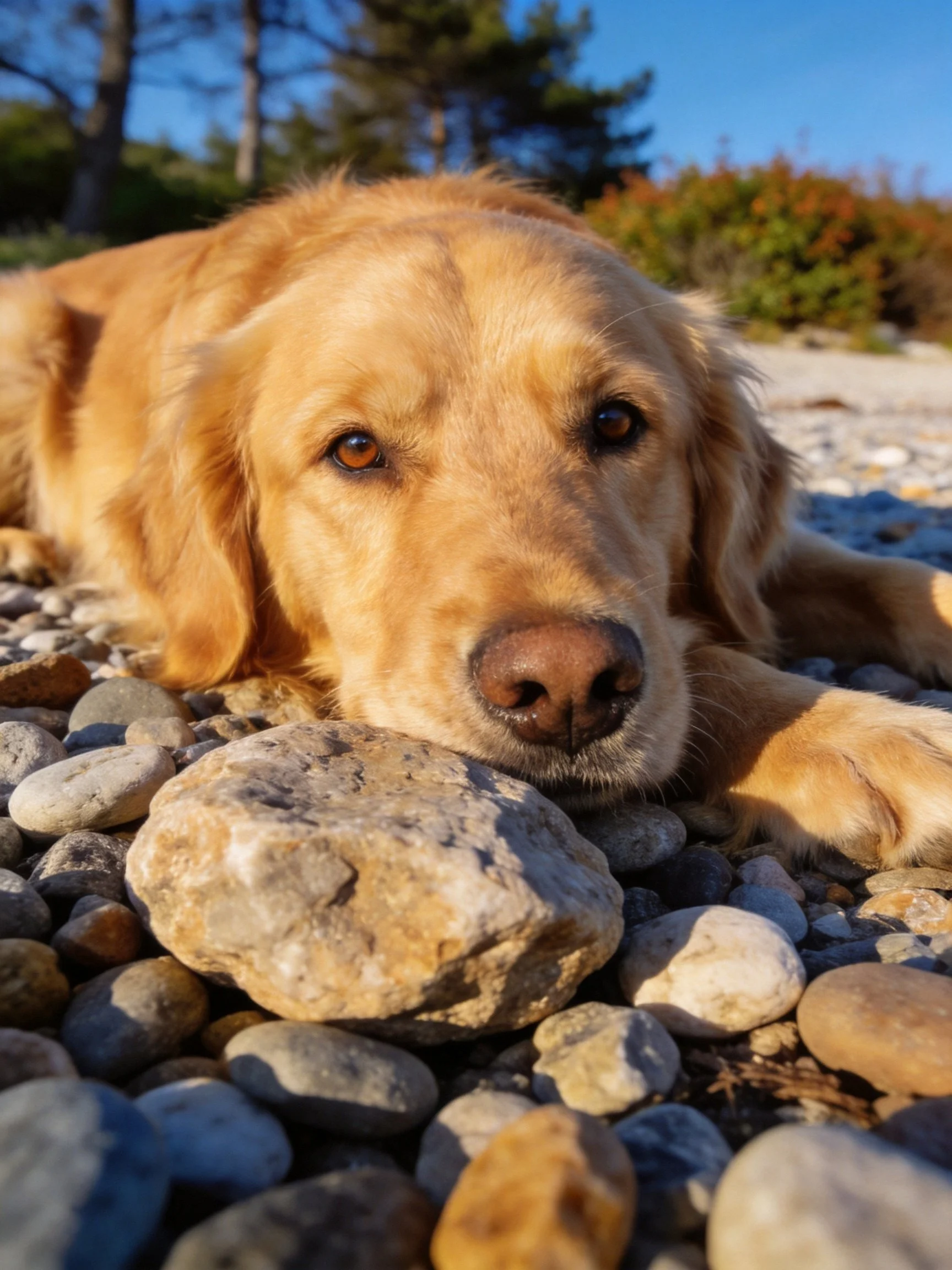 Golden retriever relaxeson a bed of pebbles outdoors.