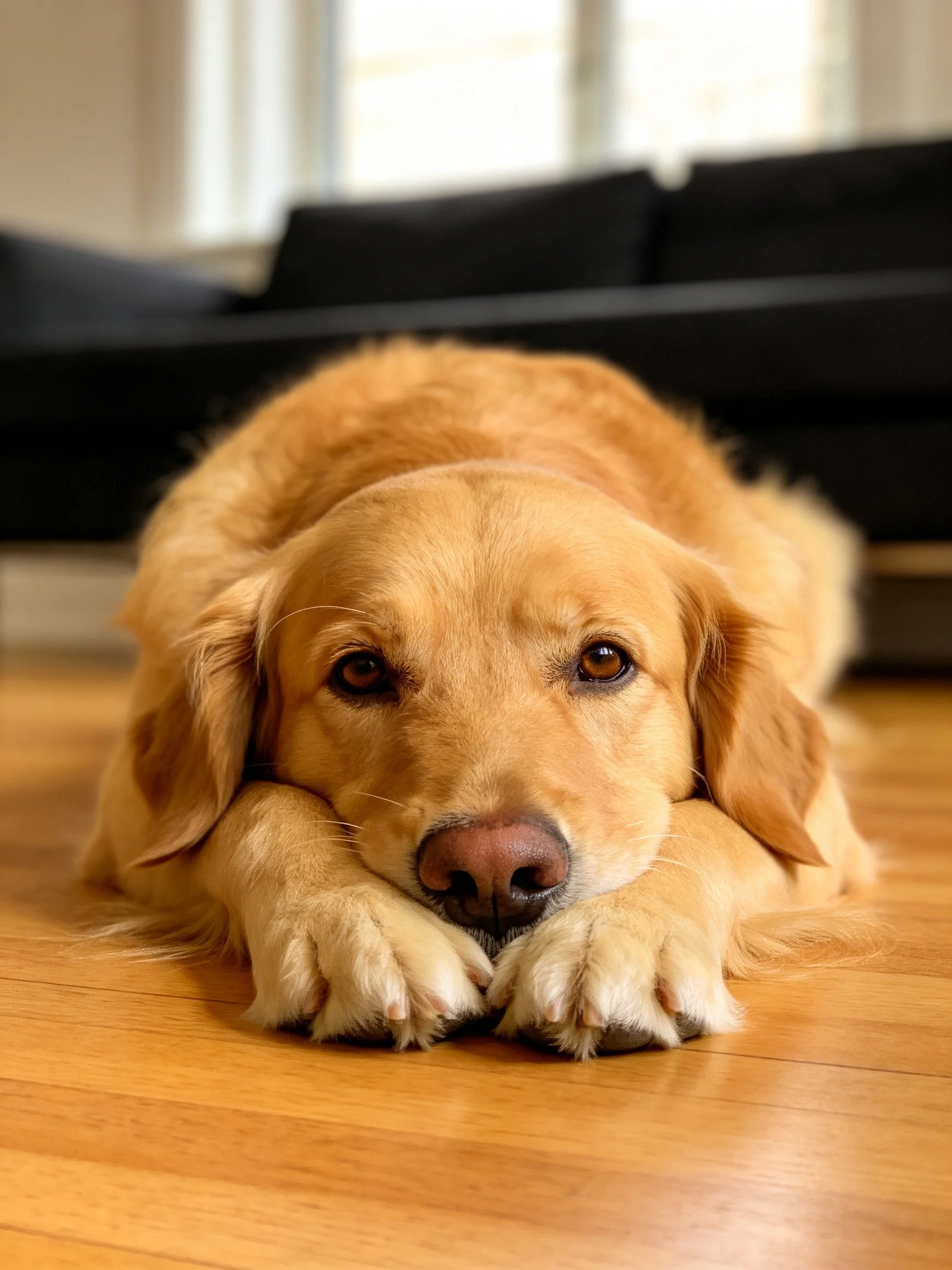 Golden retriever resting on polished wooden floor near black sofa