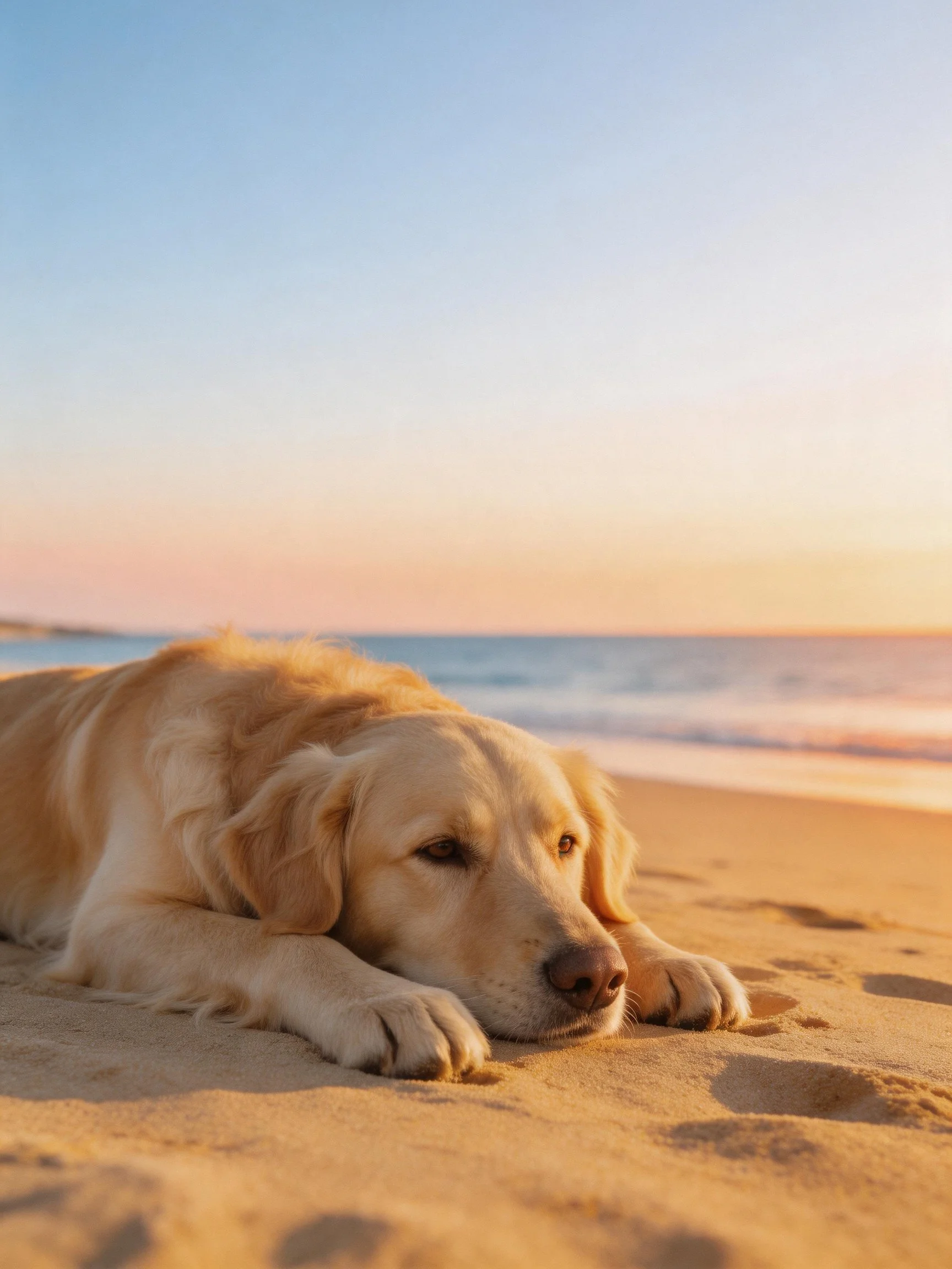 Golden retriever rests on sandy beach by the ocean at sunset.