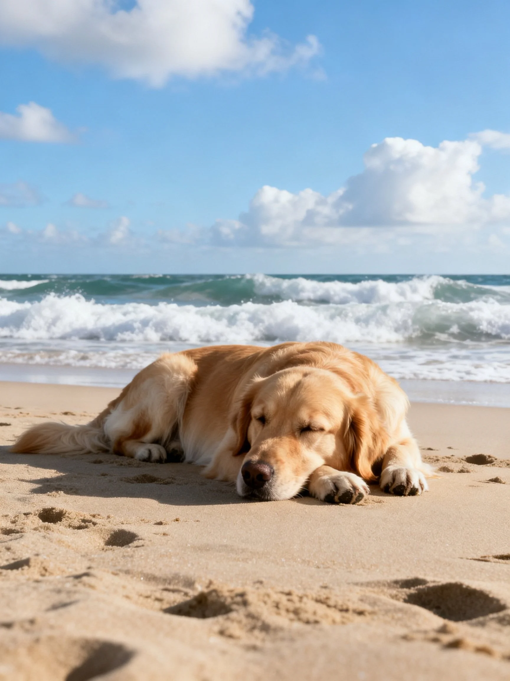 A golden retriever rests peacefully on a sandy beach beside the crashing ocean.