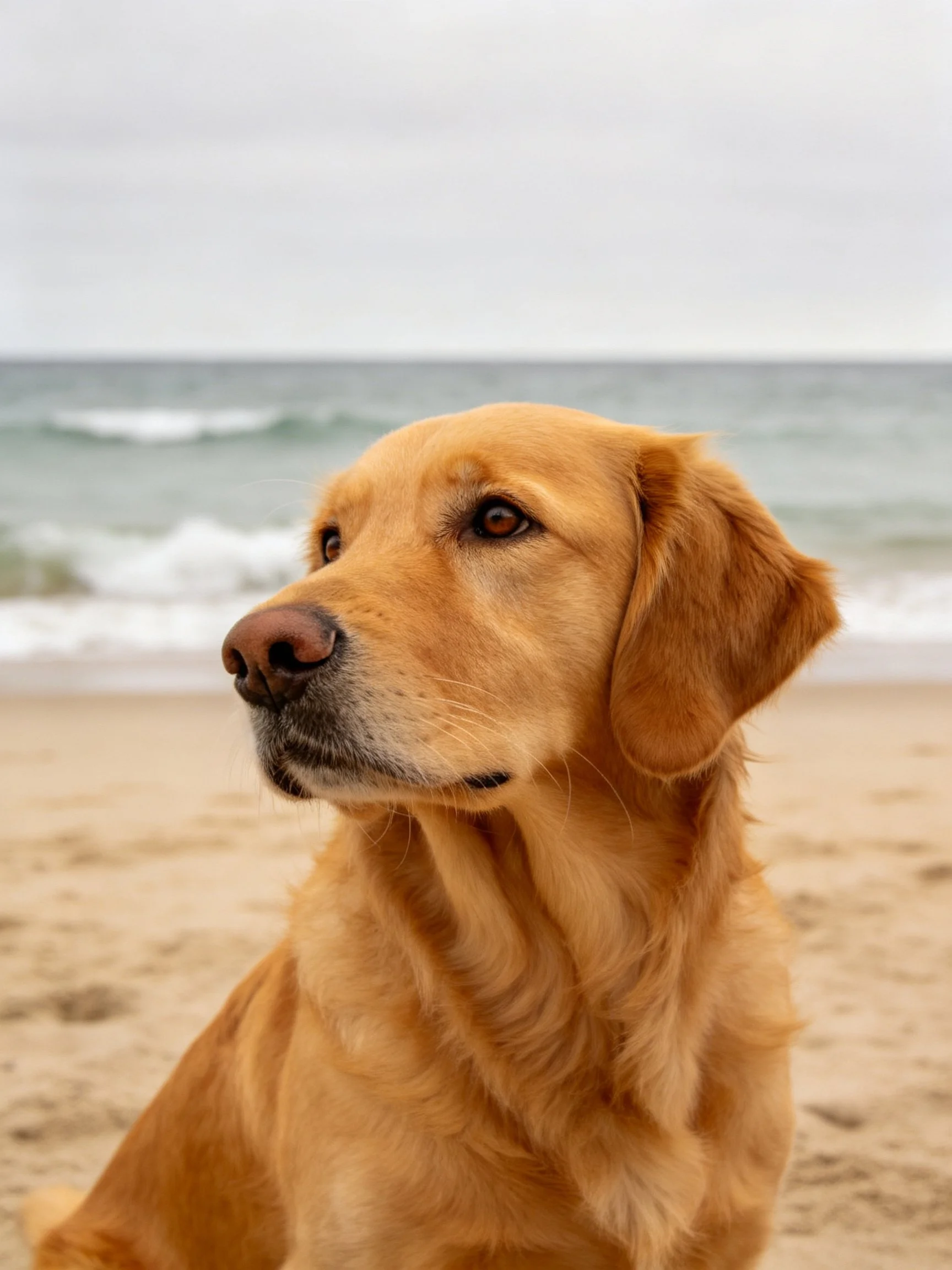 A golden retriever relaxes on a sandy beach with ocean waves in the distance.