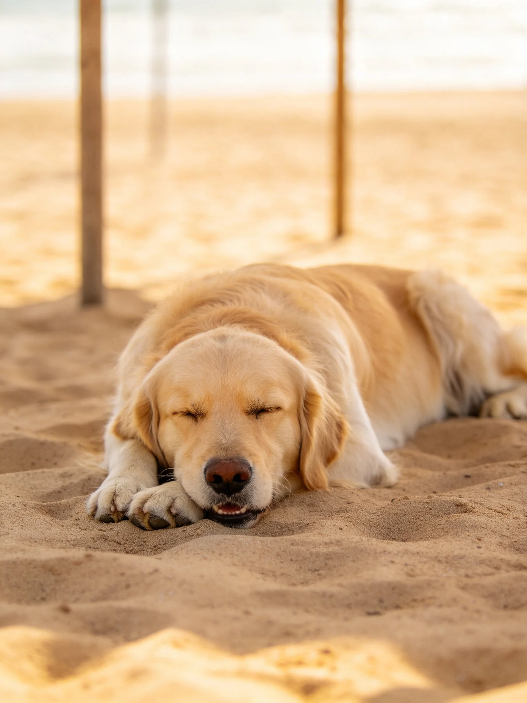 A golden retriever sleeps peacefully on the sandy shore.