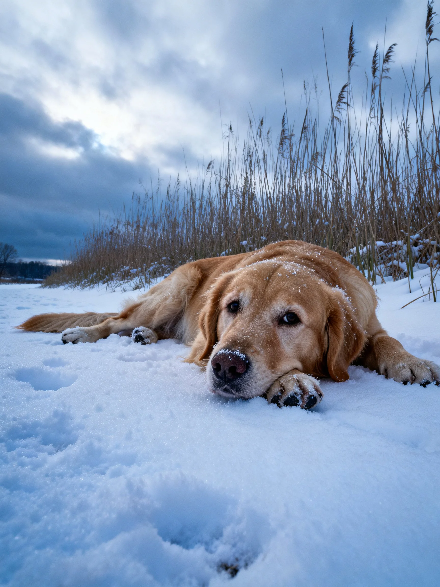 A golden retriever rests on snow near tall reeds with an overcast sky.