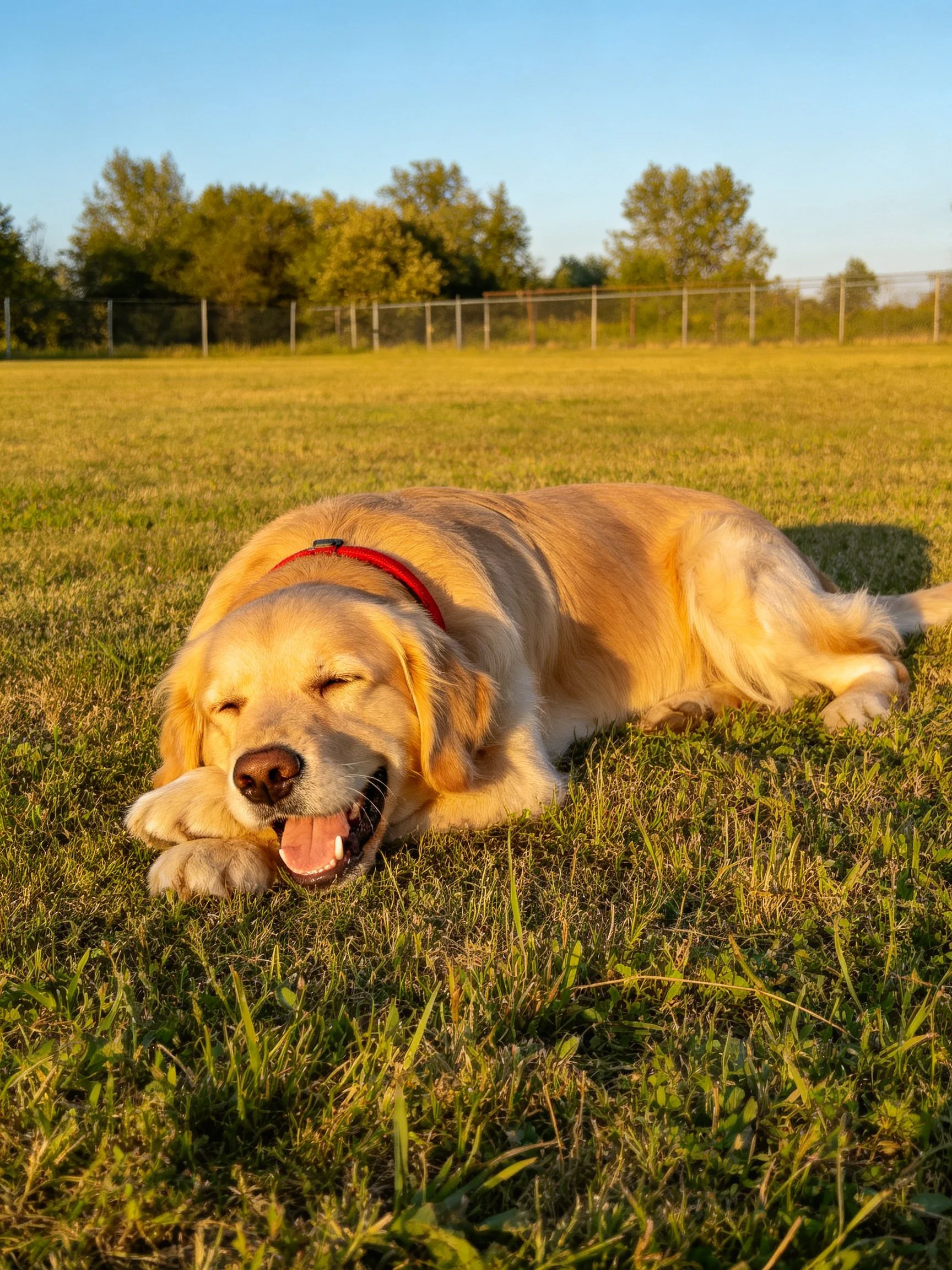 Golden retriever resting on sun-drenched grassy field