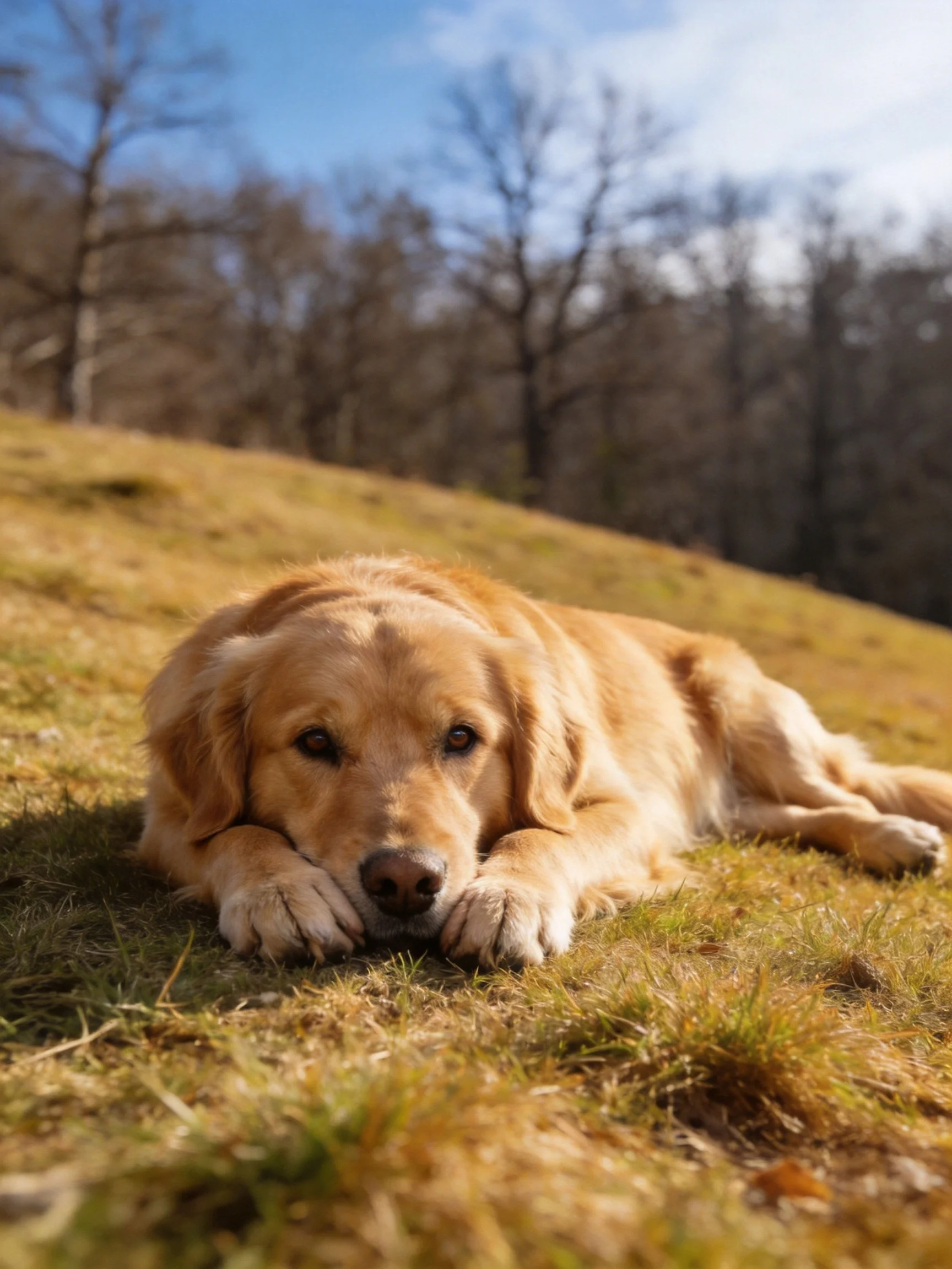 A golden retriever rests on grass with trees in the background.