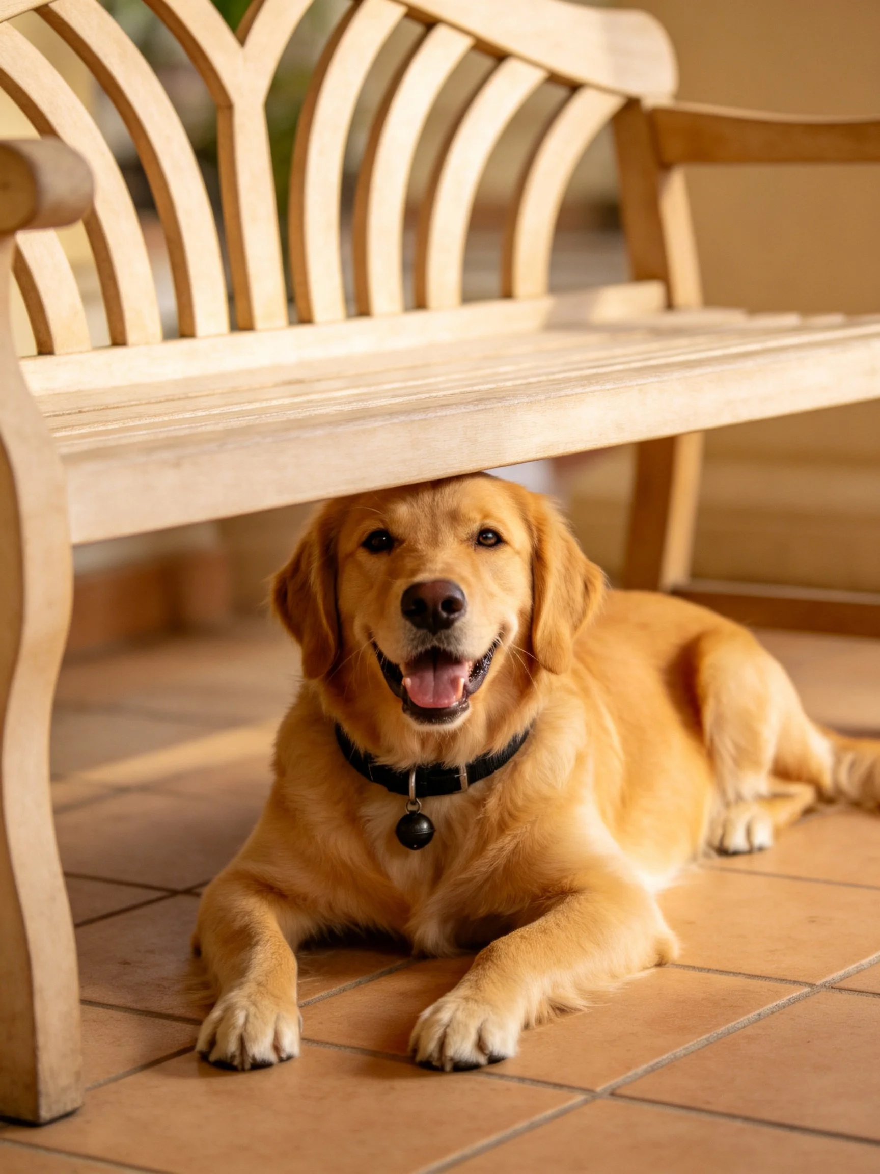 Golden retriever relaxes under wooden bench in shaded area.