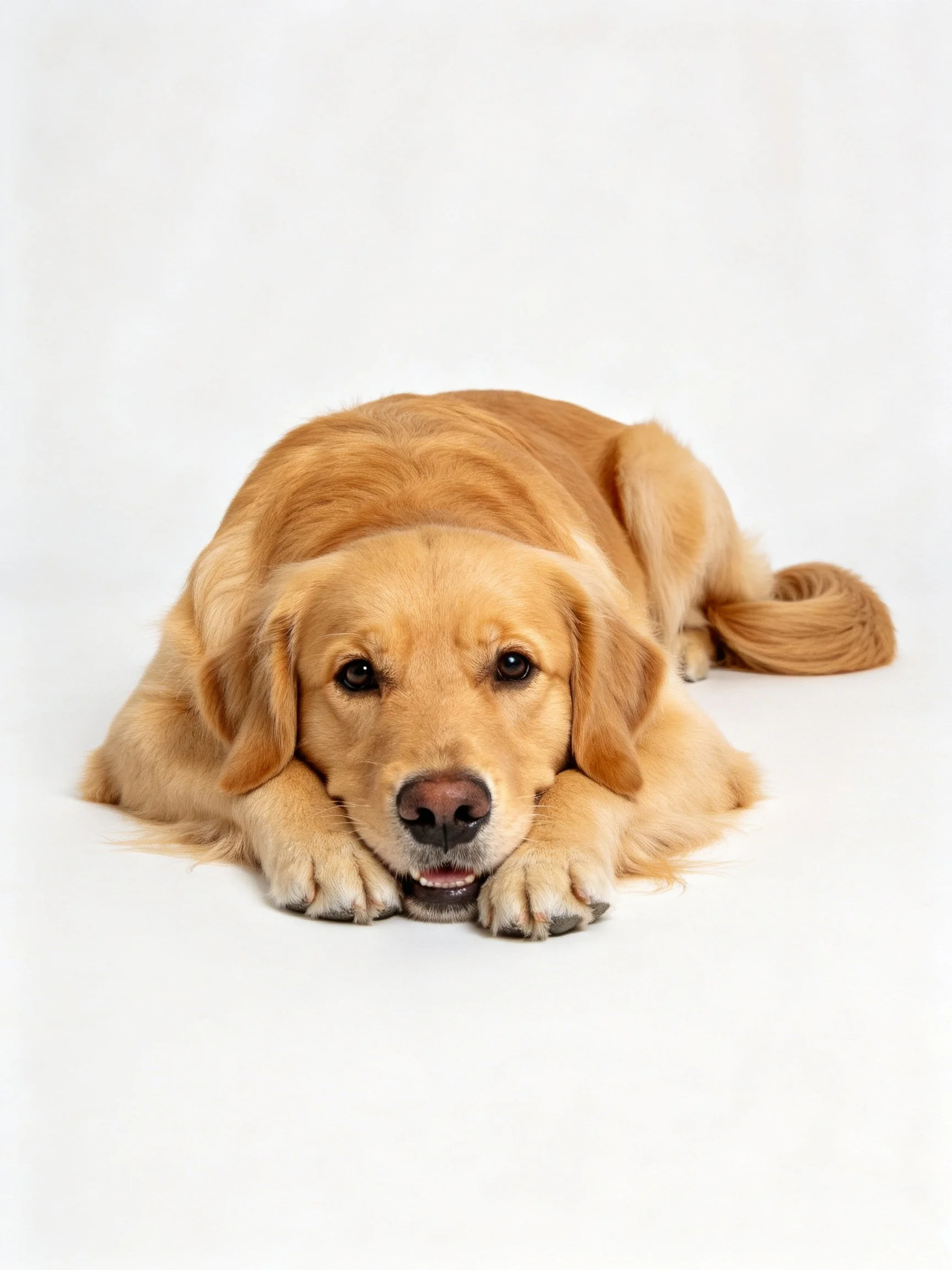 Golden retriever rests calmly with paws supporting its head on a plain white background.