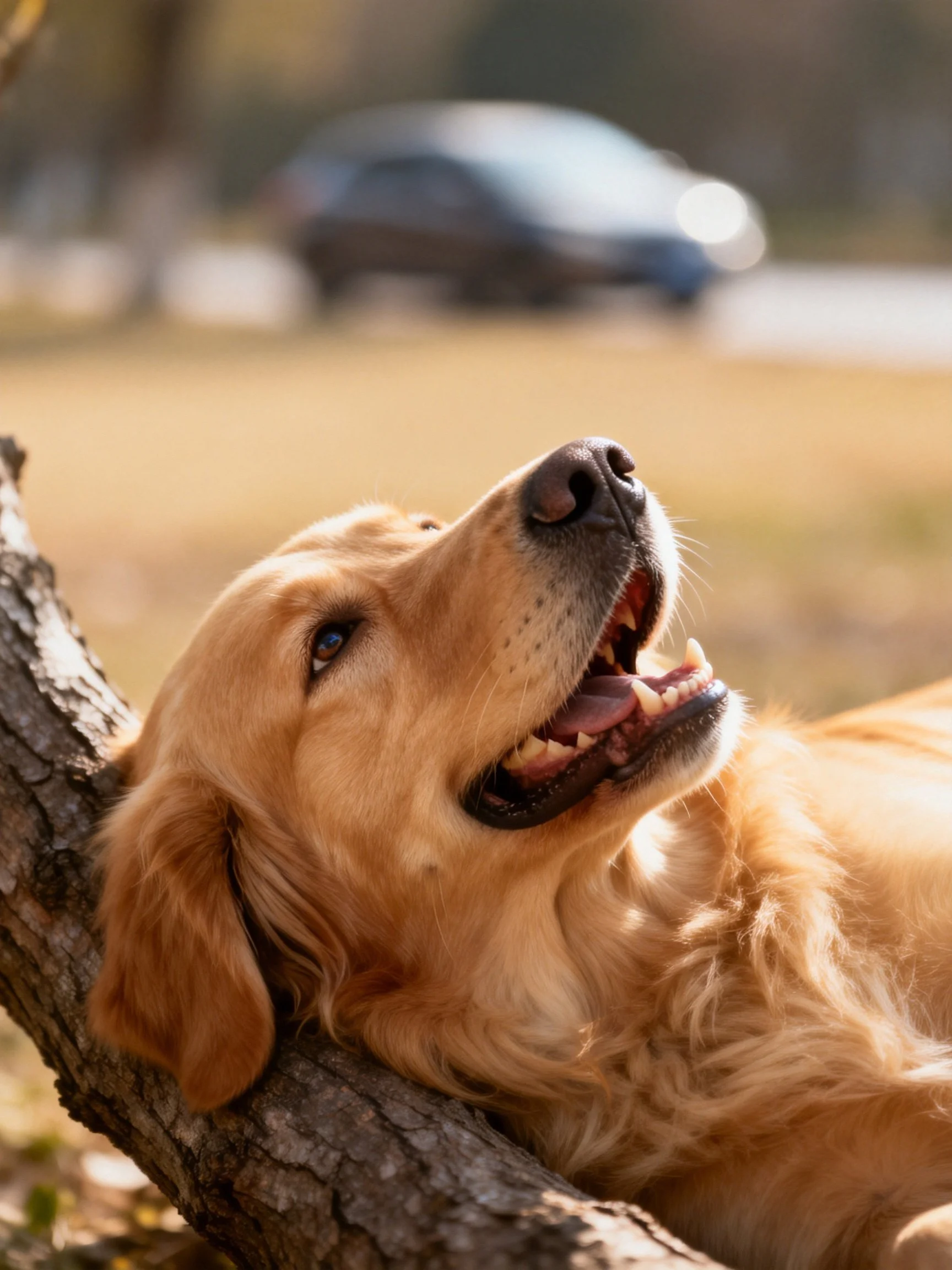 Golden retriever rests near tree branch in sunlit outdoor area