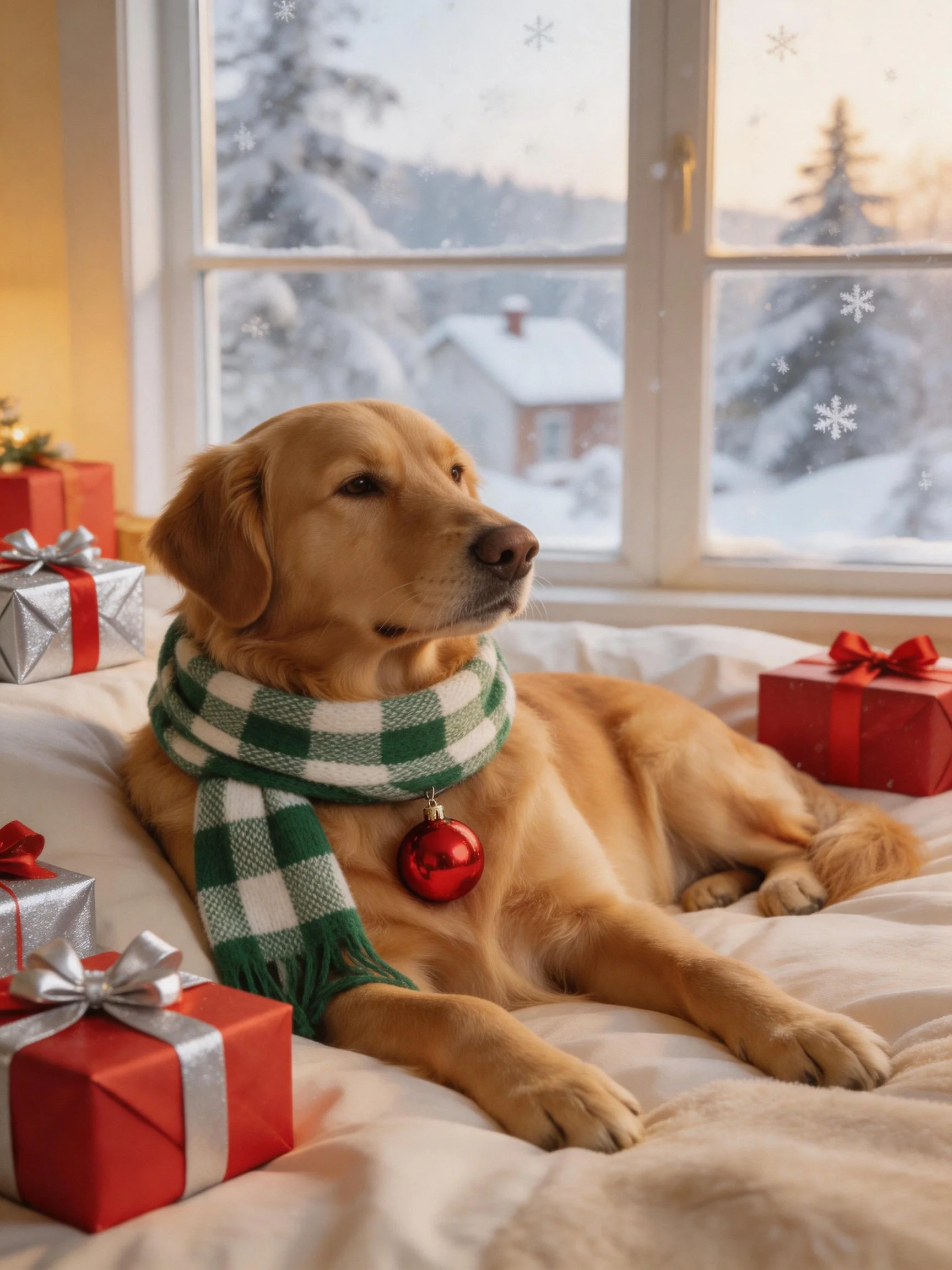 A golden retriever relaxes amid wrapped presents next to a window with a snowy winter landscape.