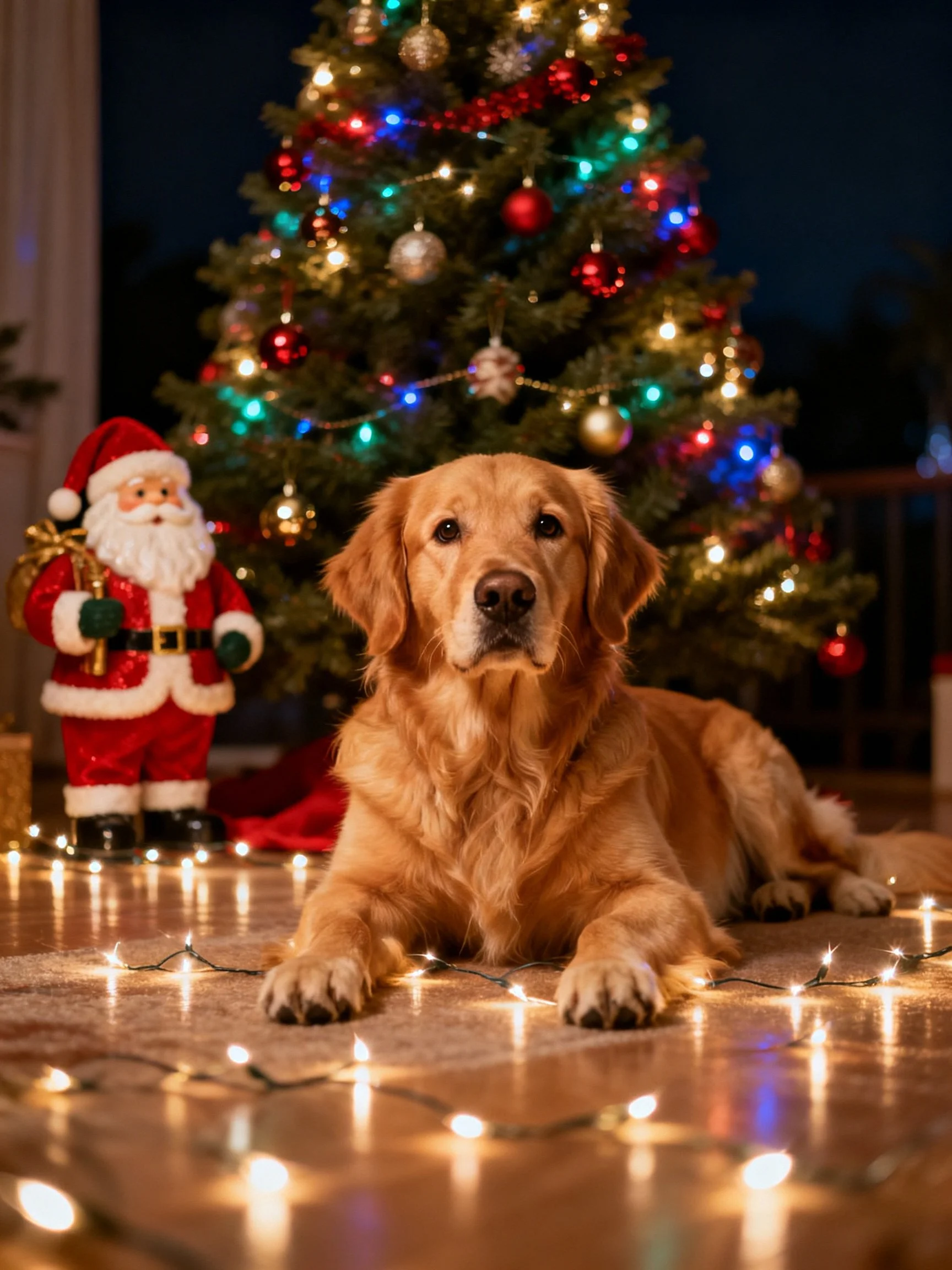 A golden retriever lies near a decorated Christmas tree with holiday decorations