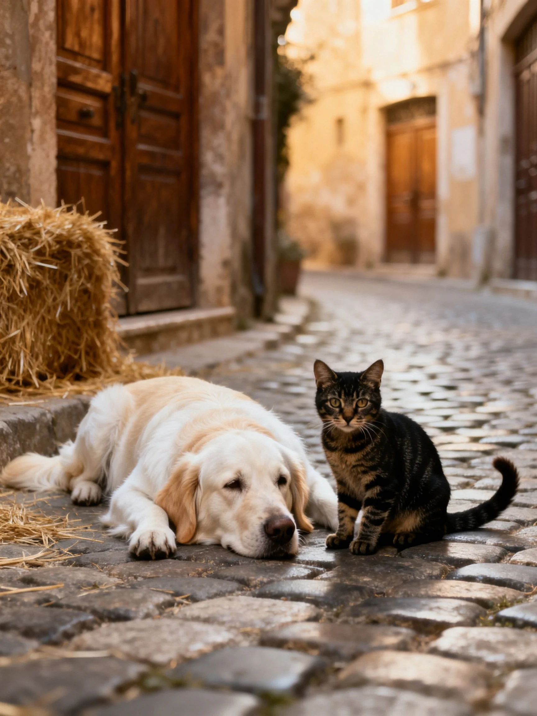 Golden retriever and tabby cat rest together on historic cobblestone street.