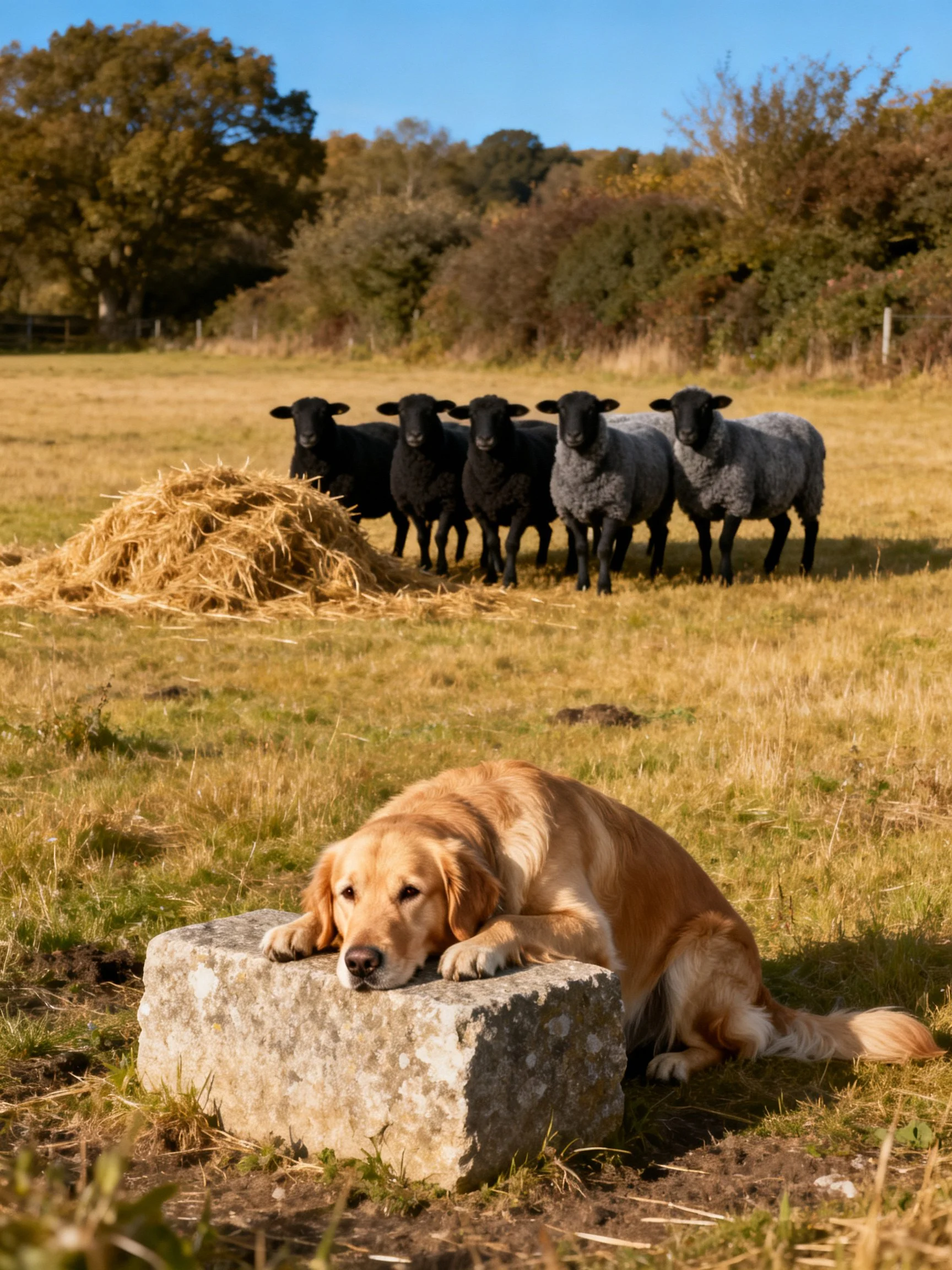 A golden retriever rests by a stone while a group of sheep stands nearby in a sunlit field.