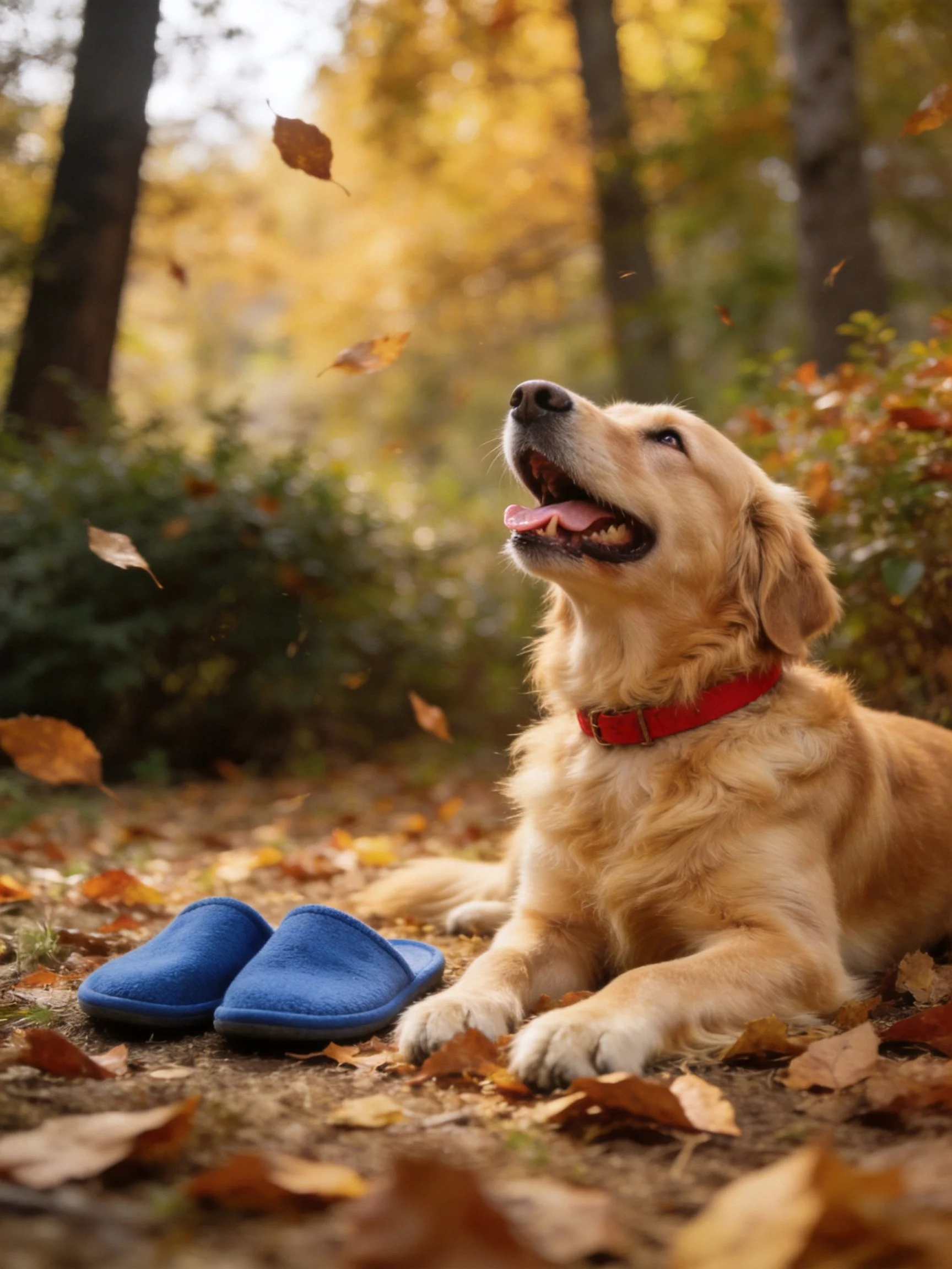A golden retriever relaxes beside blue slippers in an autumnal forest.