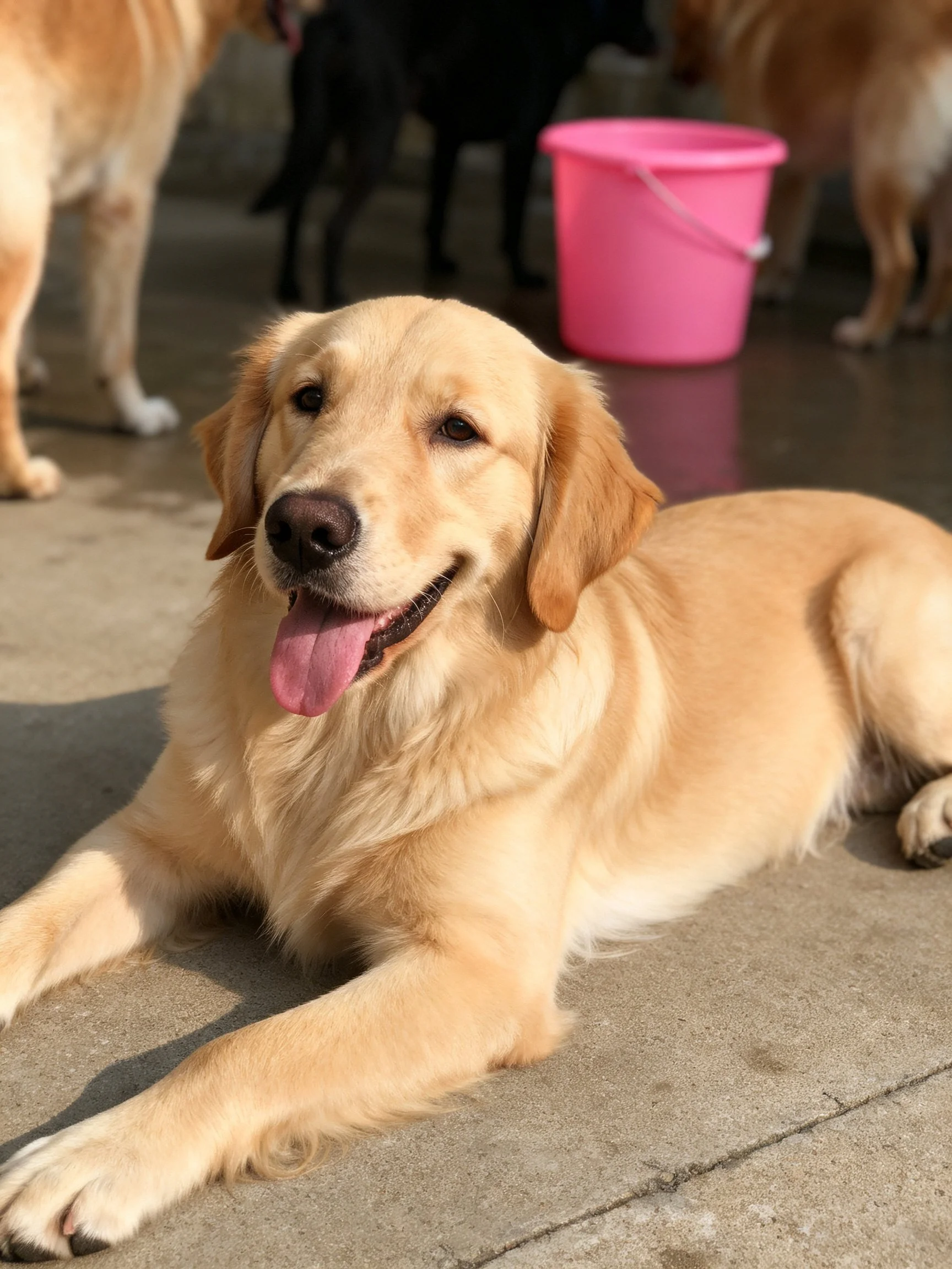 A golden retriever relaxes near a pink bucket with other dogs nearby.