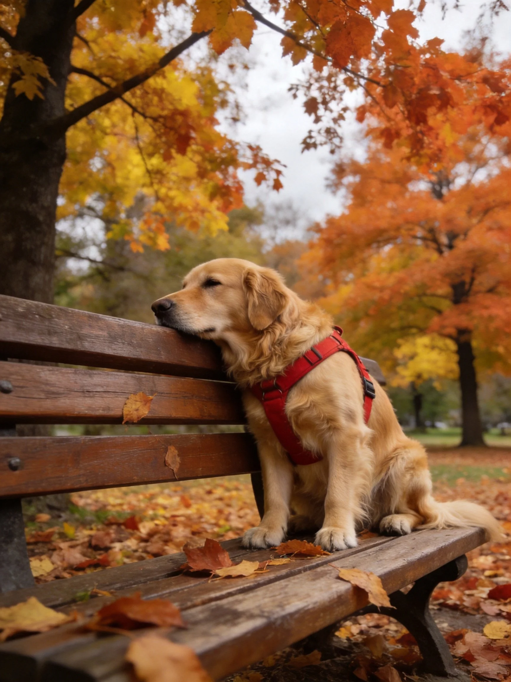 A golden retriever relaxes on a wooden bench in an autumnal park setting.