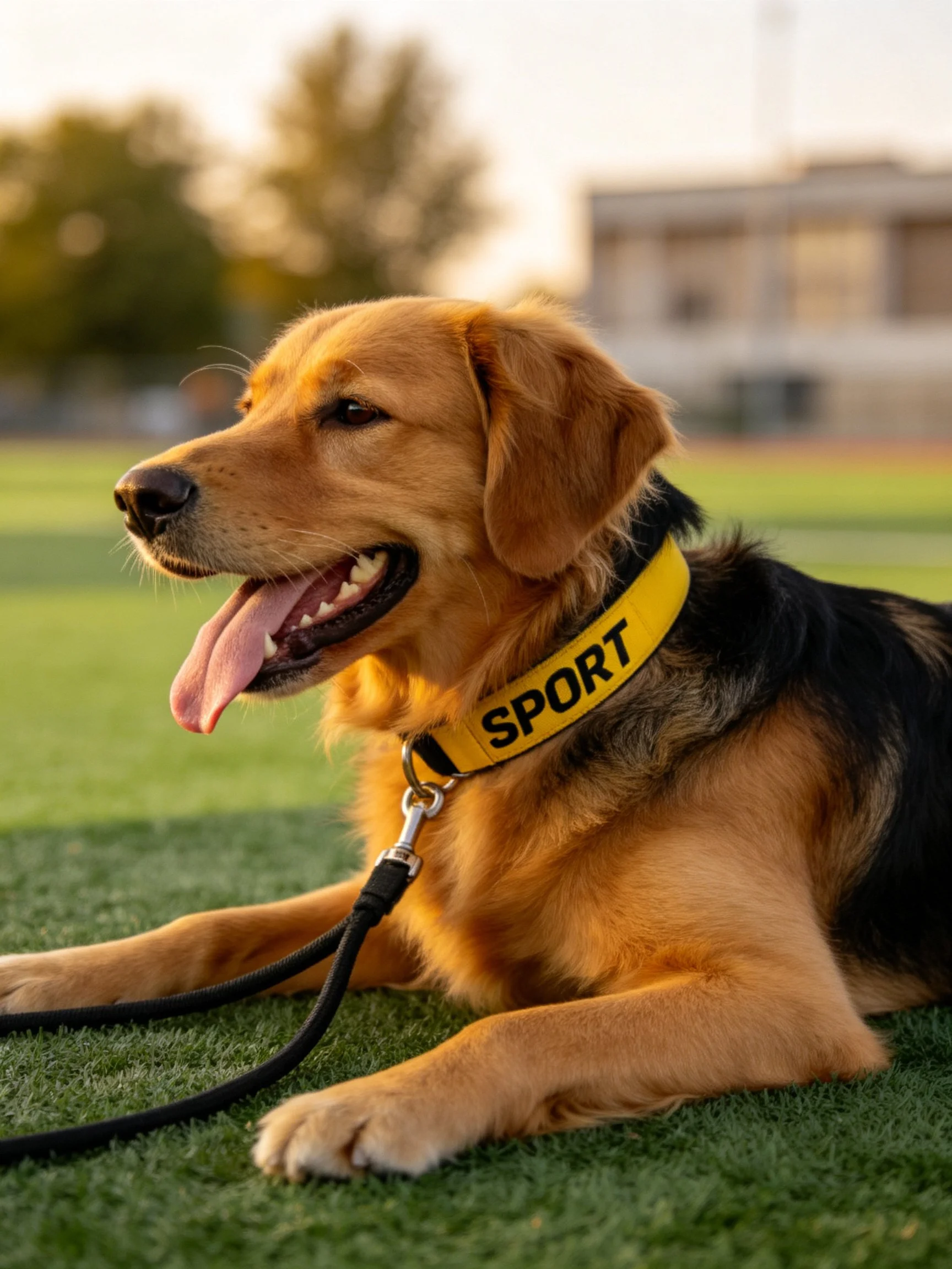 Golden retriever lies on artificial grass wearing a yellow sport collar.