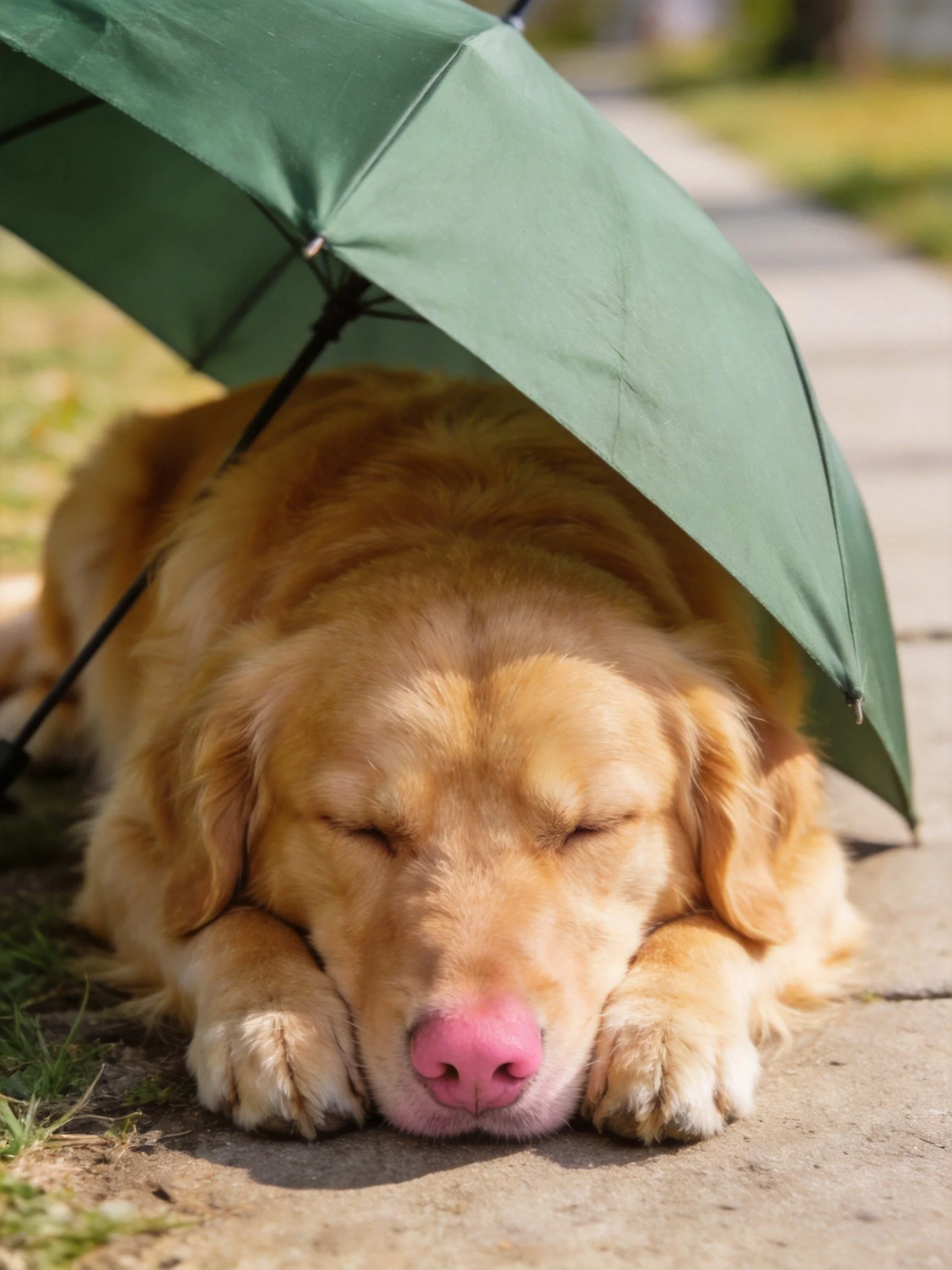 A golden retriever sleeps under an umbrella on a sunny day.