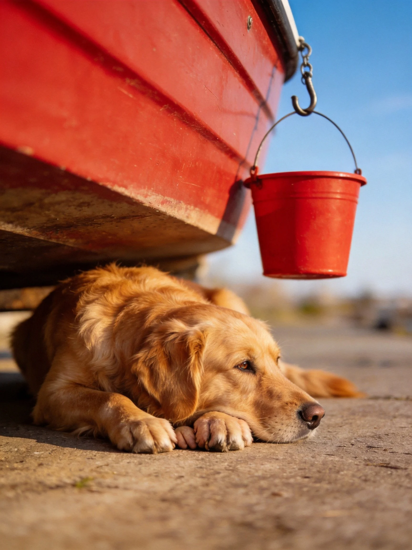 A golden retriever relaxes under a red boat near a hanging red bucket.