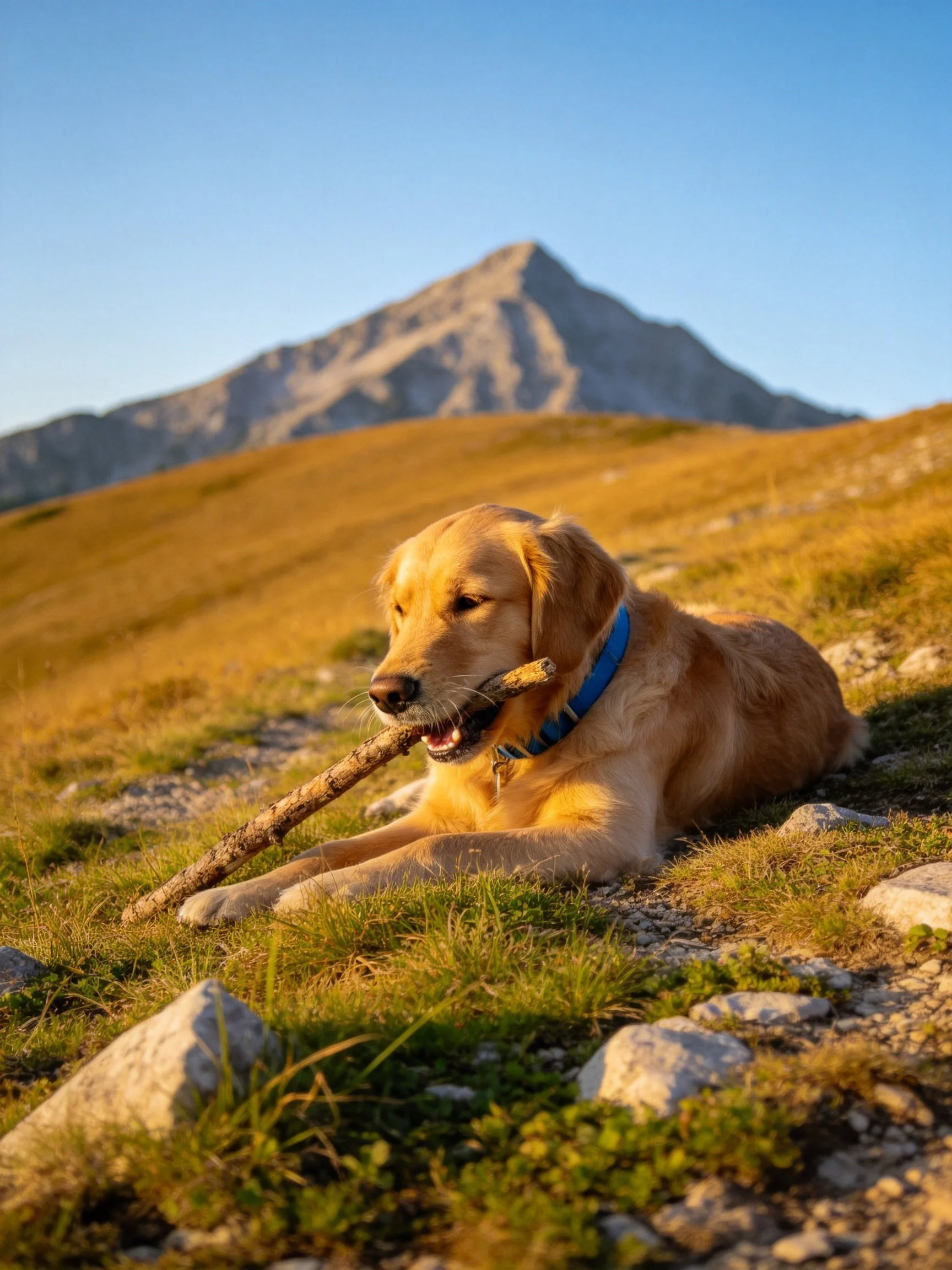 A golden retriever holds a stick while resting on rocky ground near a mountain.
