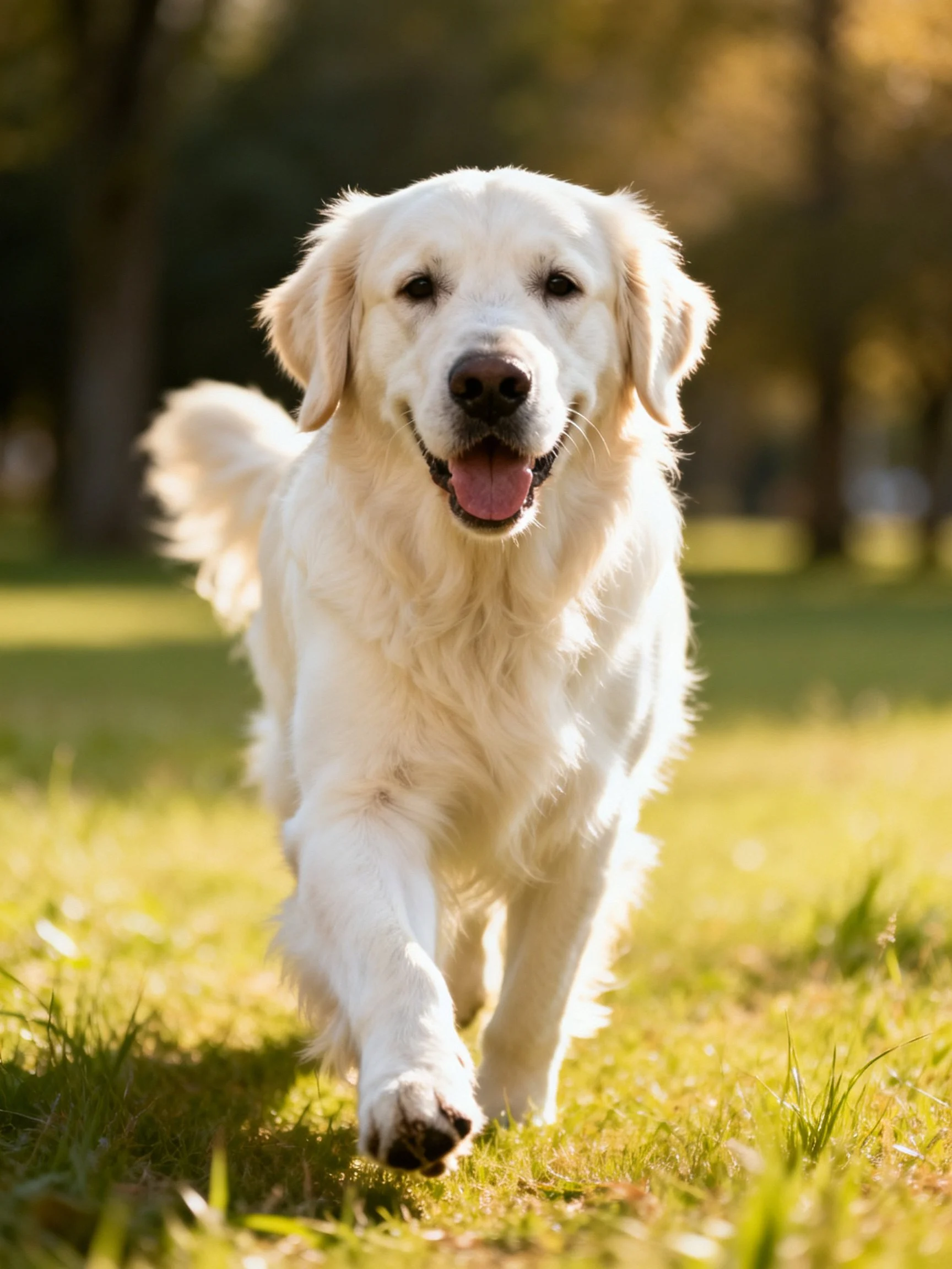 A golden retriever runs happily on sunlit grass in a sunny outdoor area.